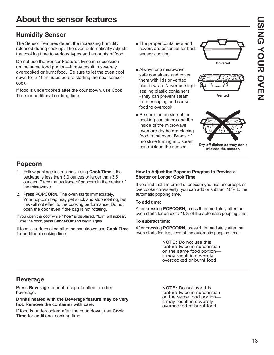 Using your oven, About the sensor features, Popcorn | Humidity sensor, Beverage | GE Profile 1.1 cu. ft. Countertop Microwave Oven Use and Care Guide User Manual | Page 13 / 48