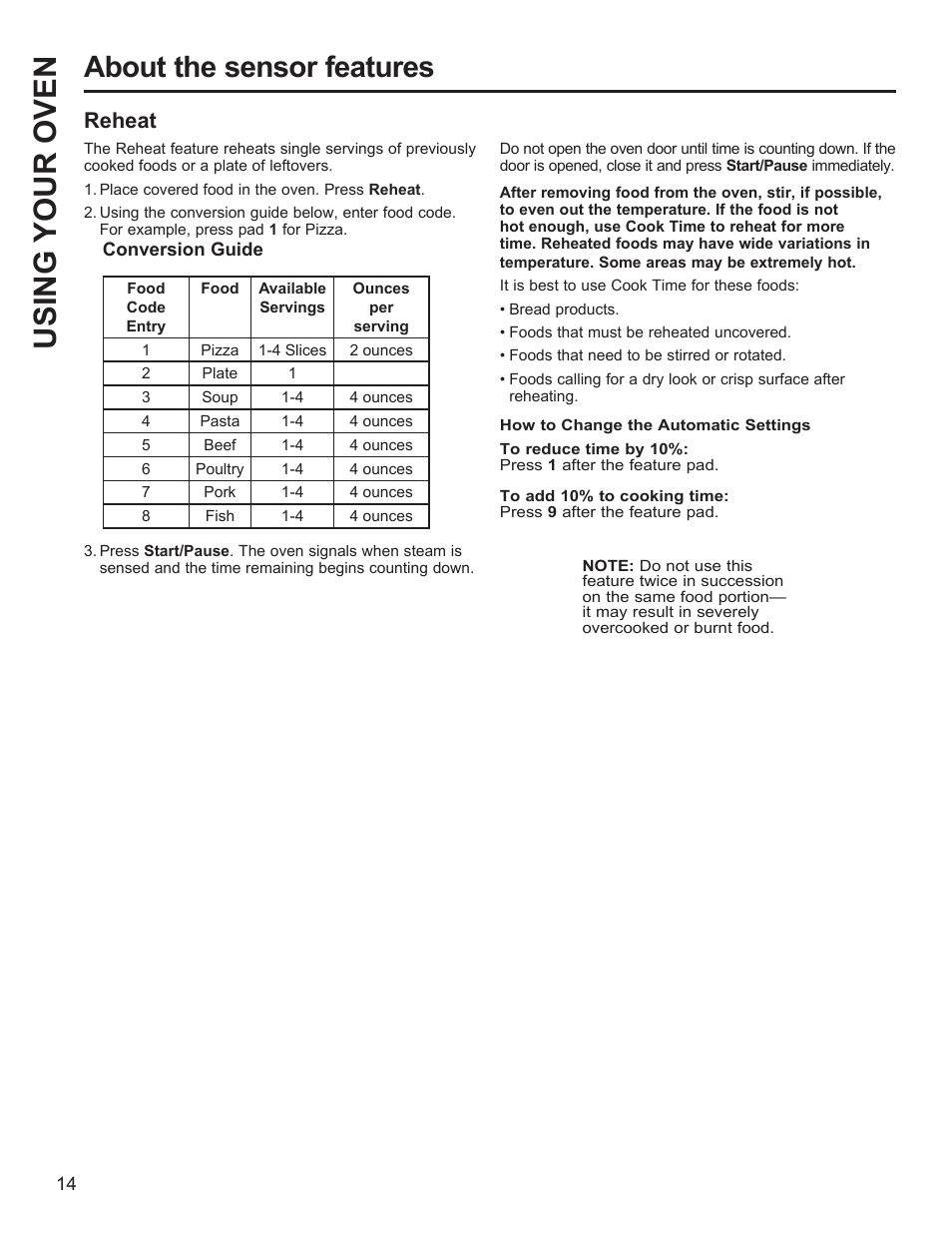 Using your oven, About the sensor features, Reheat | GE Profile 1.1 cu. ft. Countertop Microwave Oven Use and Care Guide User Manual | Page 14 / 48