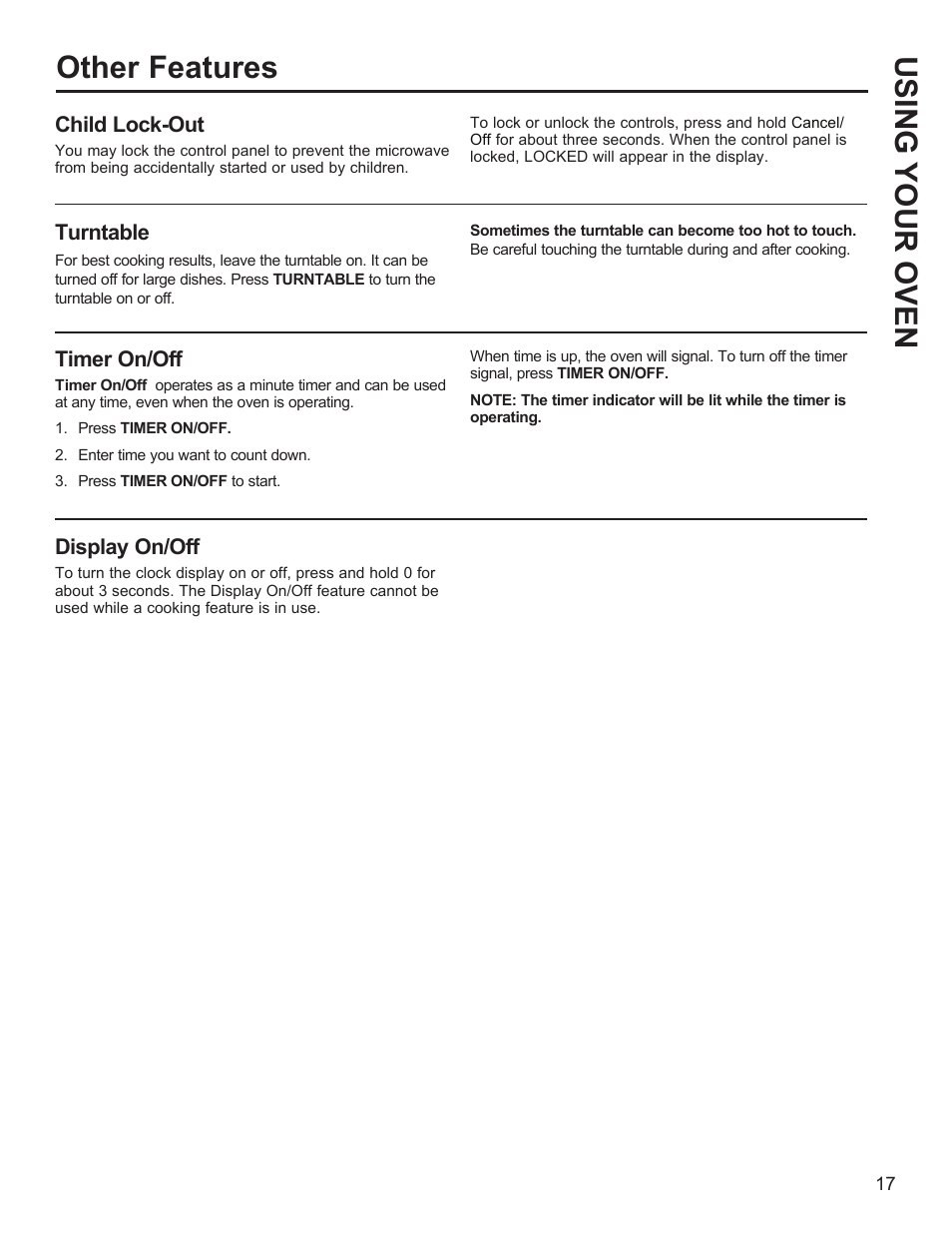 Other features using your oven, Child lock-out, Turntable | Timer on/off, Display on/off | GE Profile 1.1 cu. ft. Countertop Microwave Oven Use and Care Guide User Manual | Page 17 / 48