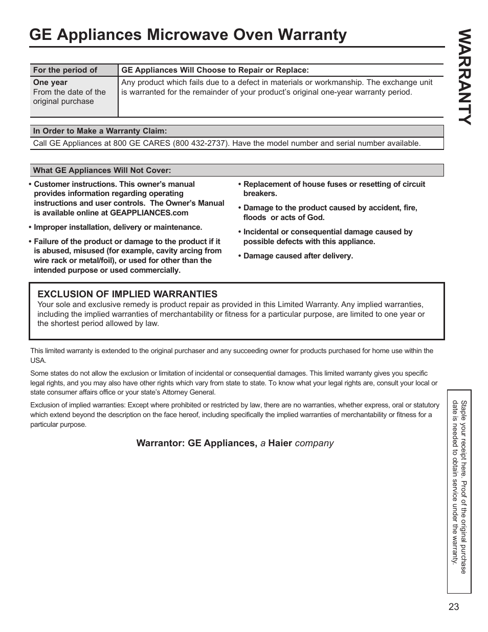 Warranty, Ge appliances microwave oven warranty | GE Profile 1.1 cu. ft. Countertop Microwave Oven Use and Care Guide User Manual | Page 23 / 48