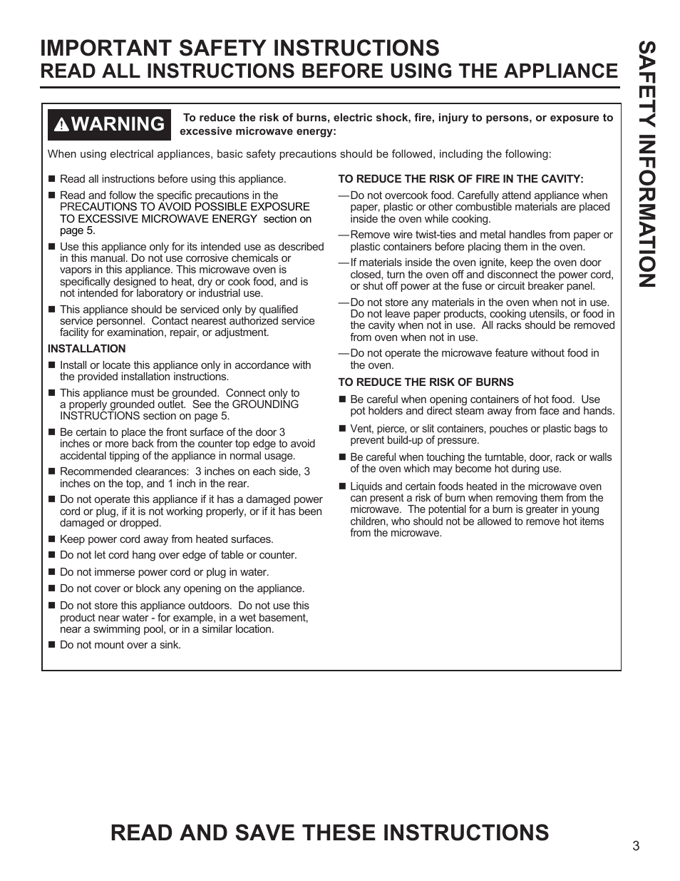 Important safety instructions, Read all instructions before using the appliance, Warning | GE Profile 1.1 cu. ft. Countertop Microwave Oven Use and Care Guide User Manual | Page 3 / 48