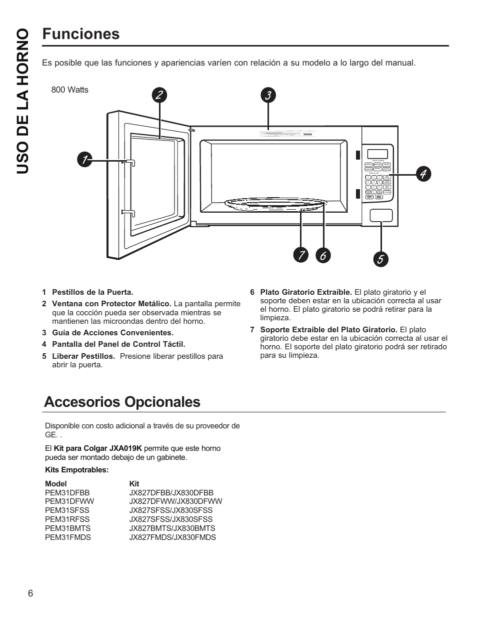 Funciones, Uso de la horno, Accesorios opcionales | 800 watts | GE Profile 1.1 cu. ft. Countertop Microwave Oven Use and Care Guide User Manual | Page 30 / 48