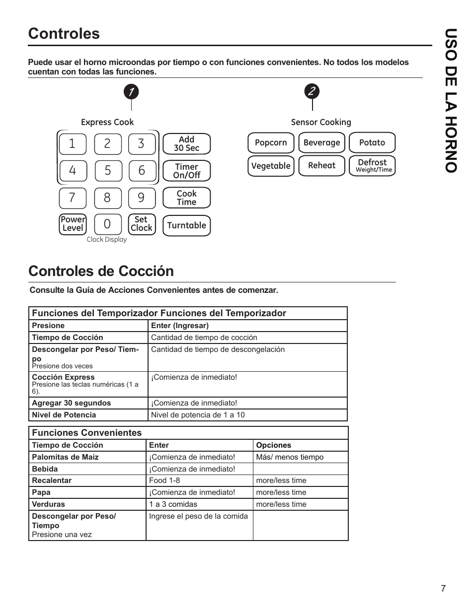 Uso de la horno controles, Controles de cocción | GE Profile 1.1 cu. ft. Countertop Microwave Oven Use and Care Guide User Manual | Page 31 / 48