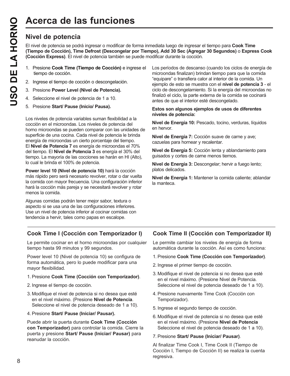 Uso de la horno acerca de las funciones, Nivel de potencia | GE Profile 1.1 cu. ft. Countertop Microwave Oven Use and Care Guide User Manual | Page 32 / 48