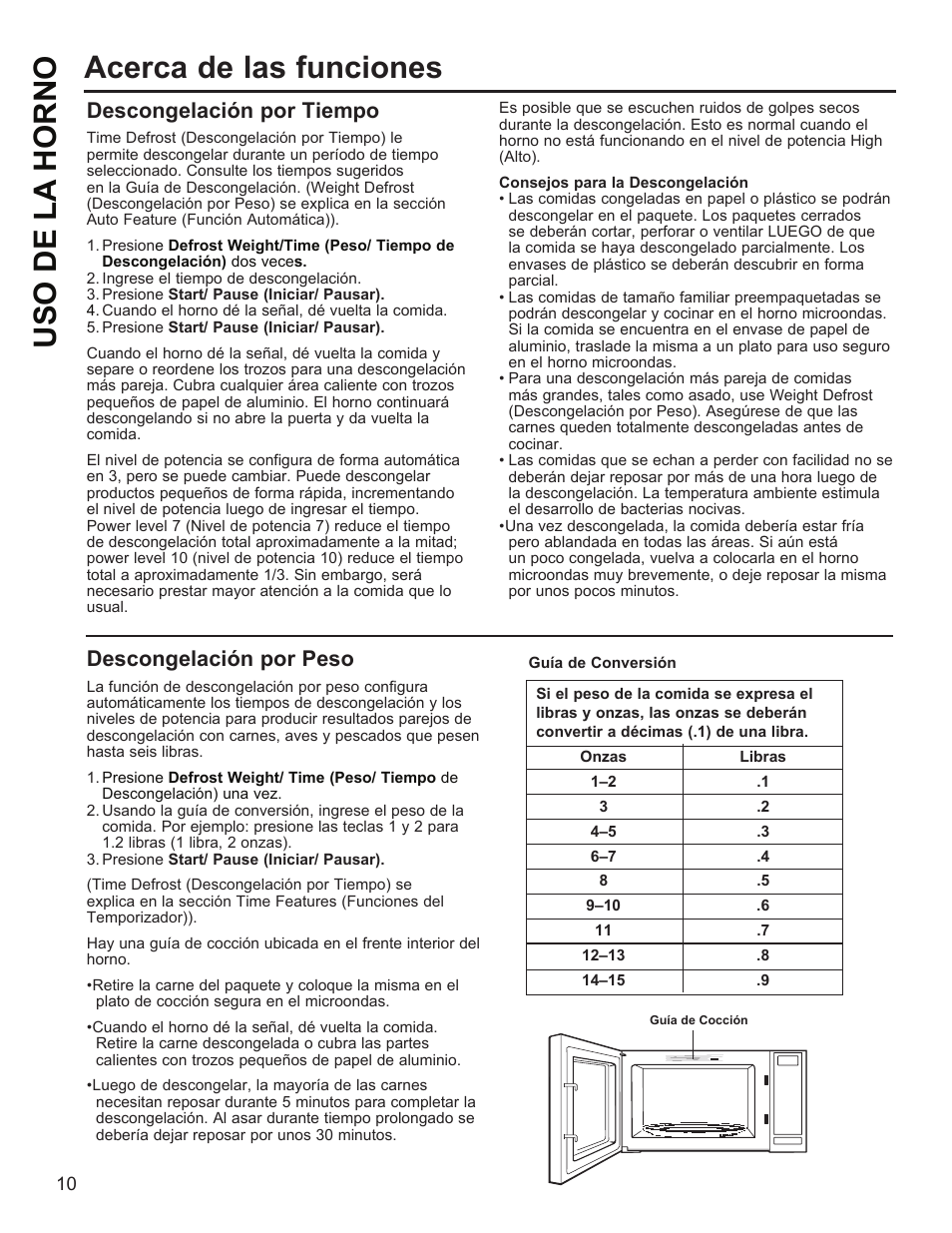 Uso de la horno acerca de las funciones, Descongelación por tiempo, Descongelación por peso | GE Profile 1.1 cu. ft. Countertop Microwave Oven Use and Care Guide User Manual | Page 34 / 48