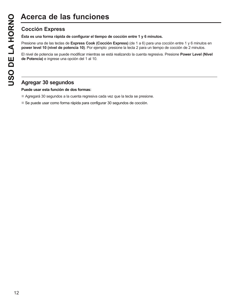 Uso de la horno acerca de las funciones | GE Profile 1.1 cu. ft. Countertop Microwave Oven Use and Care Guide User Manual | Page 36 / 48