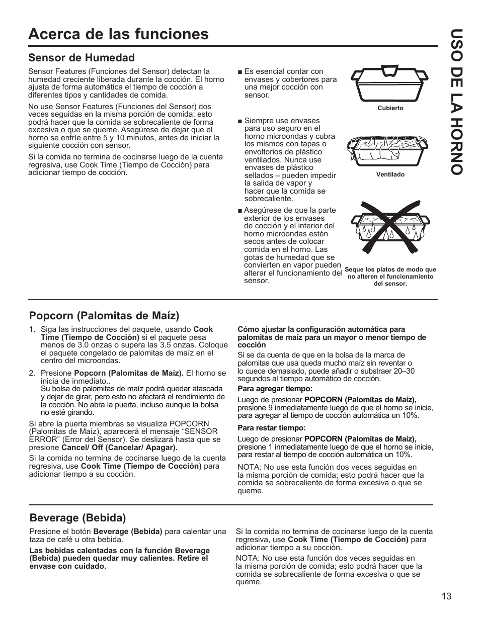 Uso de la horno acerca de las funciones, Popcorn (palomitas de maíz), Sensor de humedad | Beverage (bebida) | GE Profile 1.1 cu. ft. Countertop Microwave Oven Use and Care Guide User Manual | Page 37 / 48