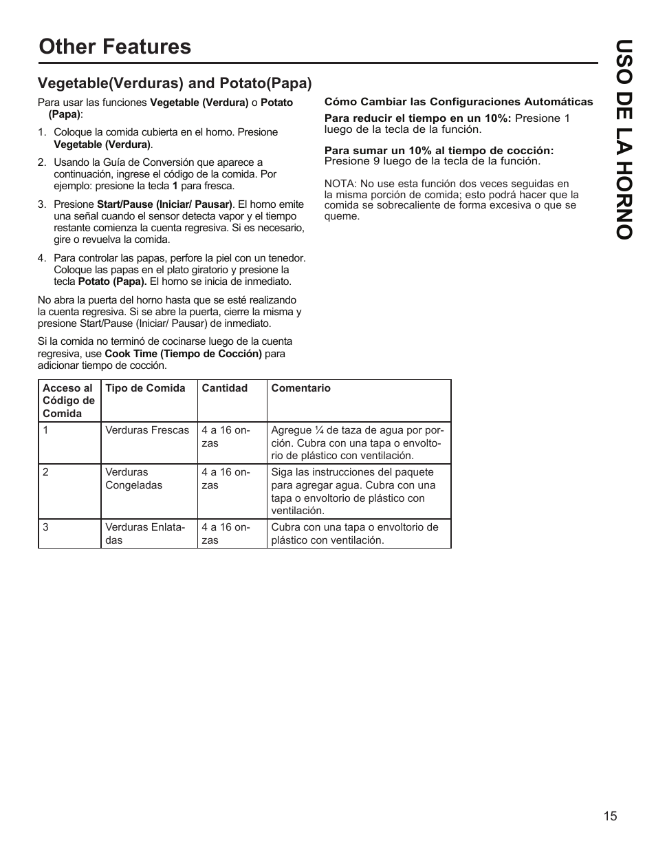 Other features uso de la horno, Vegetable(verduras) and potato(papa) | GE Profile 1.1 cu. ft. Countertop Microwave Oven Use and Care Guide User Manual | Page 39 / 48