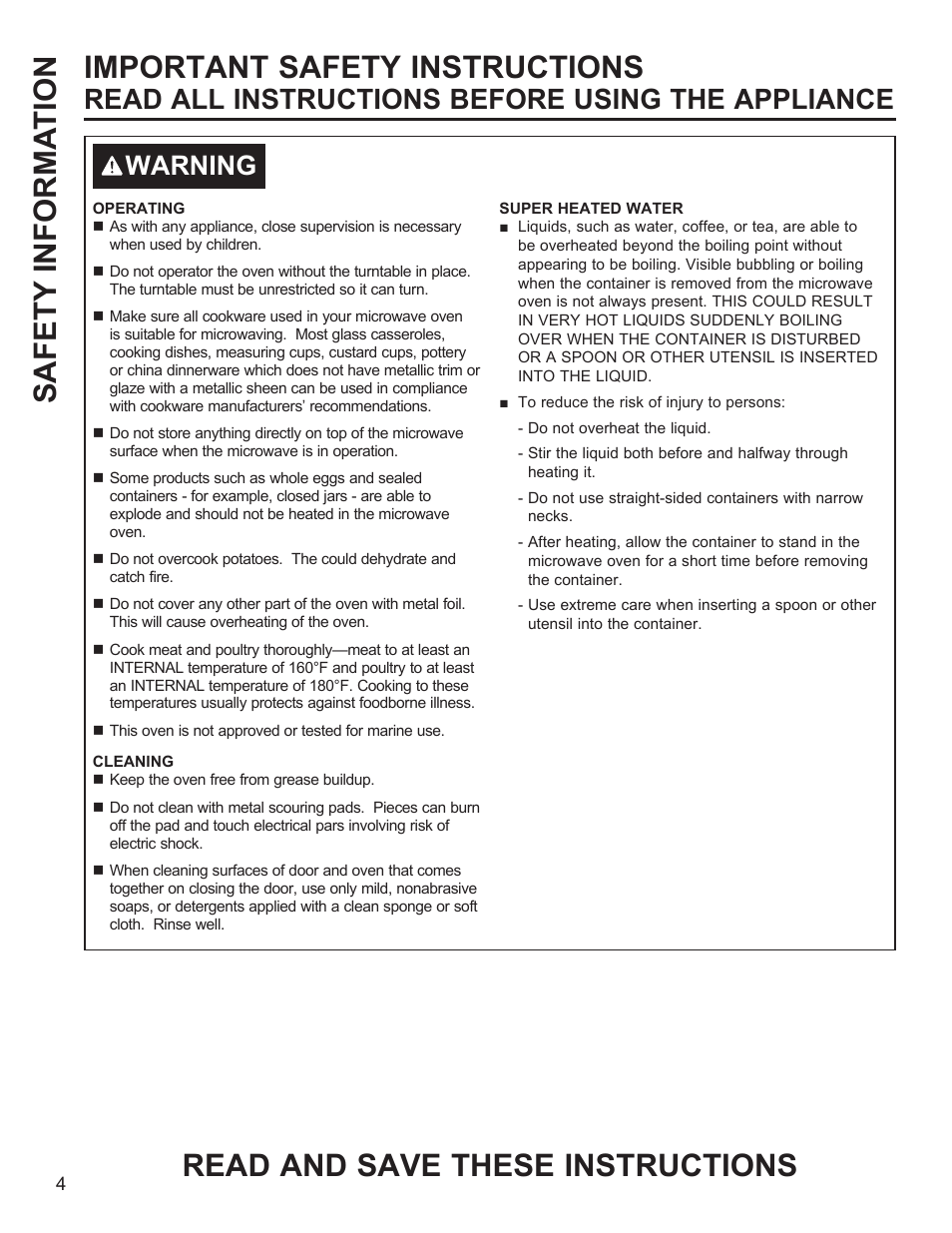 Read all instructions before using the appliance, Warning | GE Profile 1.1 cu. ft. Countertop Microwave Oven Use and Care Guide User Manual | Page 4 / 48