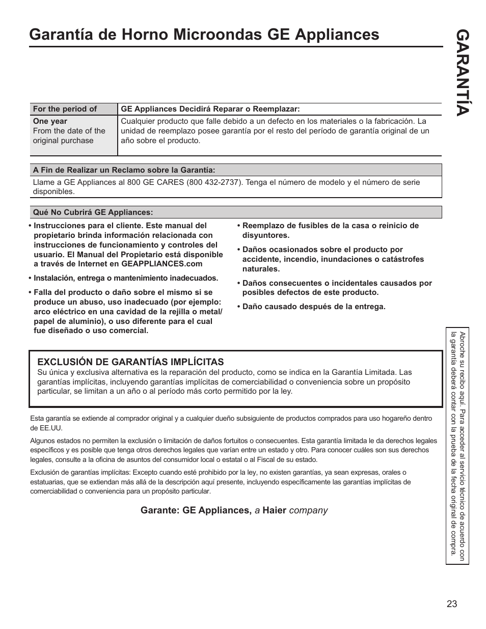 Garantía, Garantía de horno microondas ge appliances | GE Profile 1.1 cu. ft. Countertop Microwave Oven Use and Care Guide User Manual | Page 47 / 48