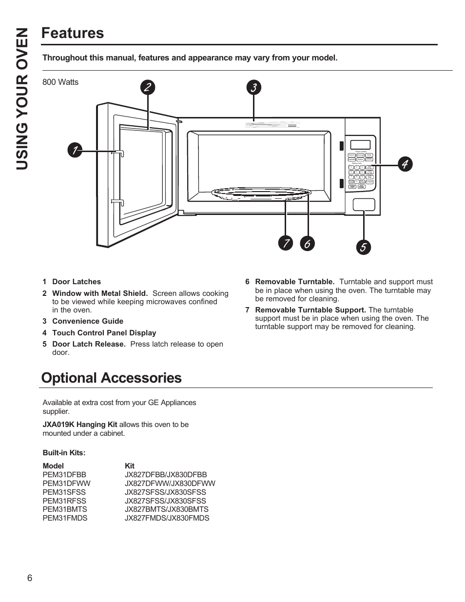 Features, Using your oven, Optional accessories | GE Profile 1.1 cu. ft. Countertop Microwave Oven Use and Care Guide User Manual | Page 6 / 48