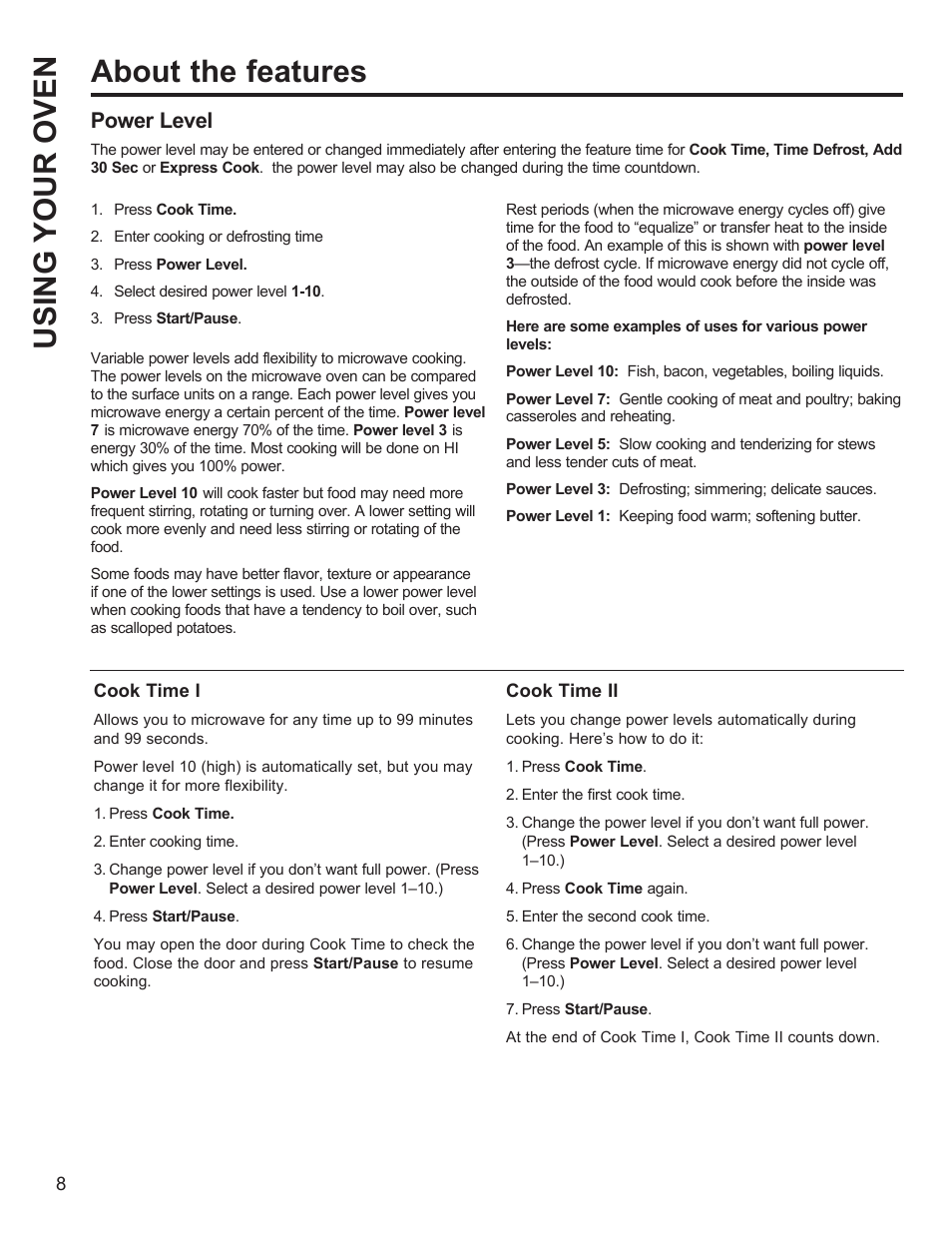 Using your oven about the features, Power level | GE Profile 1.1 cu. ft. Countertop Microwave Oven Use and Care Guide User Manual | Page 8 / 48