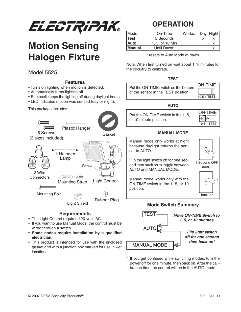 Desa Motion Sensing Halogen Fixture 5525 User Manual | 8 pages
