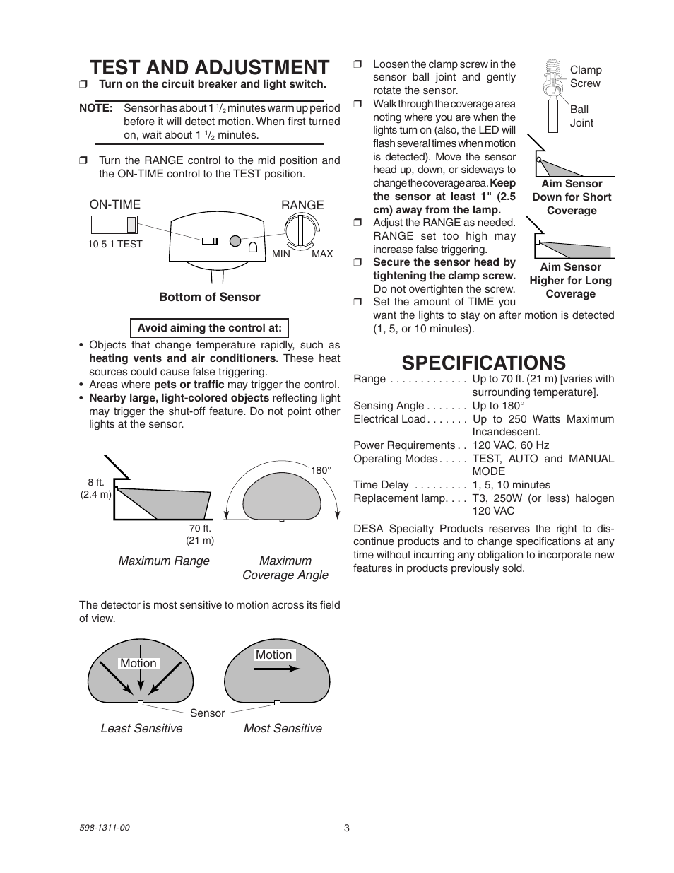 Test and adjustment, Specifications | Desa Motion Sensing Halogen Fixture 5525 User Manual | Page 3 / 8