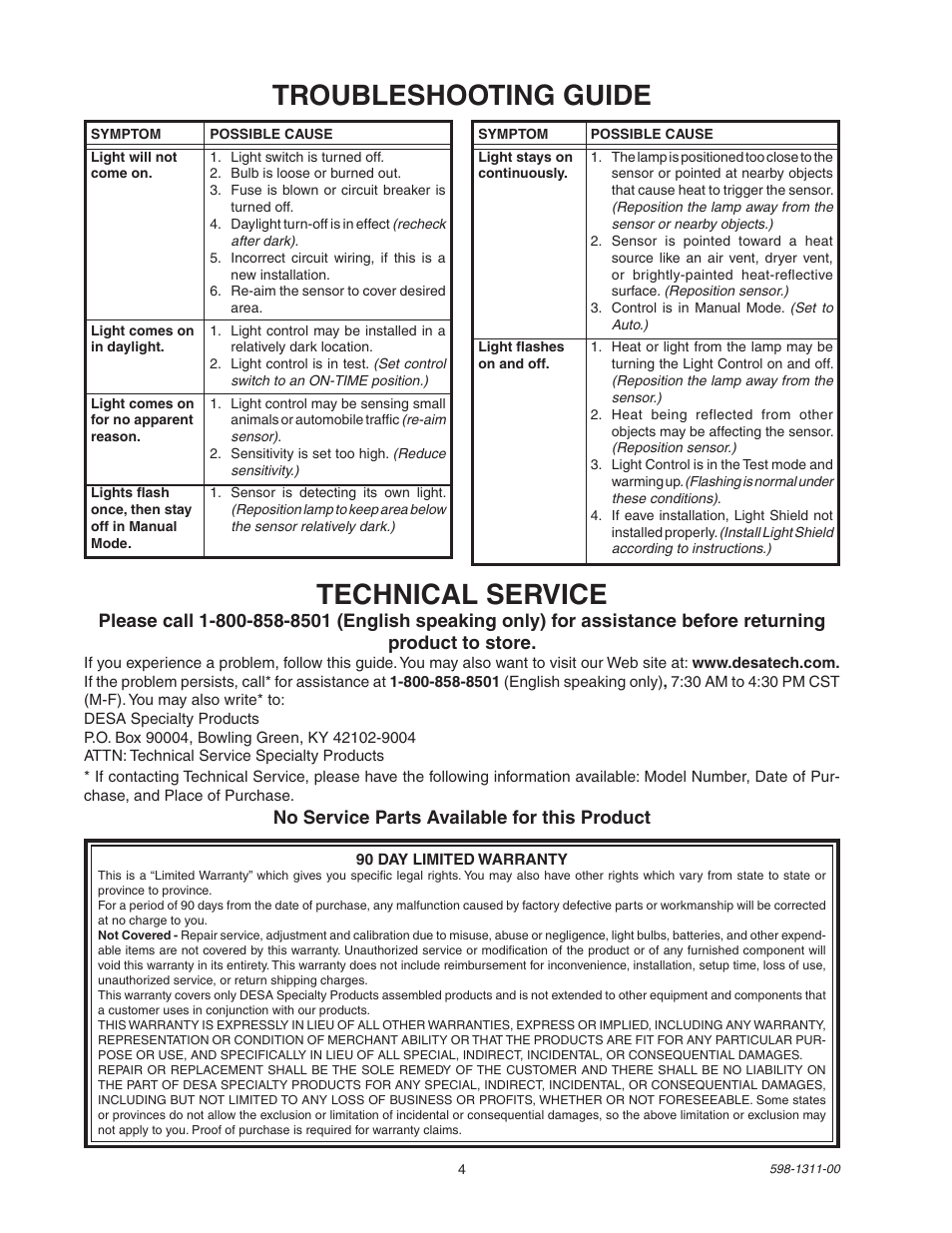 Troubleshooting guide, Technical service | Desa Motion Sensing Halogen Fixture 5525 User Manual | Page 4 / 8