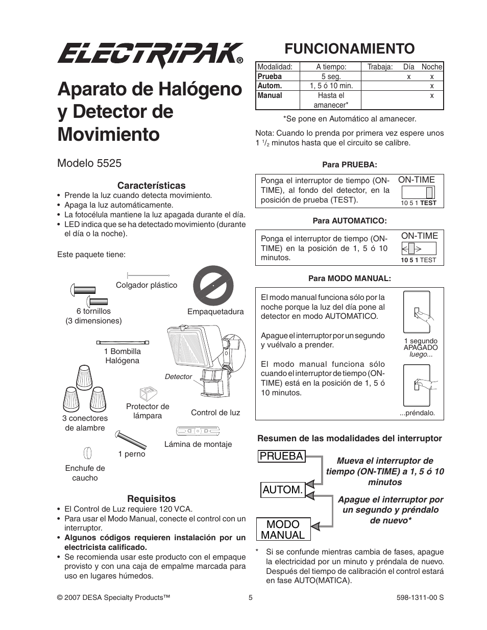 Aparato de halógeno y detector de movimiento, Funcionamiento, Modelo 5525 | Prueba autom. modo manual | Desa Motion Sensing Halogen Fixture 5525 User Manual | Page 5 / 8