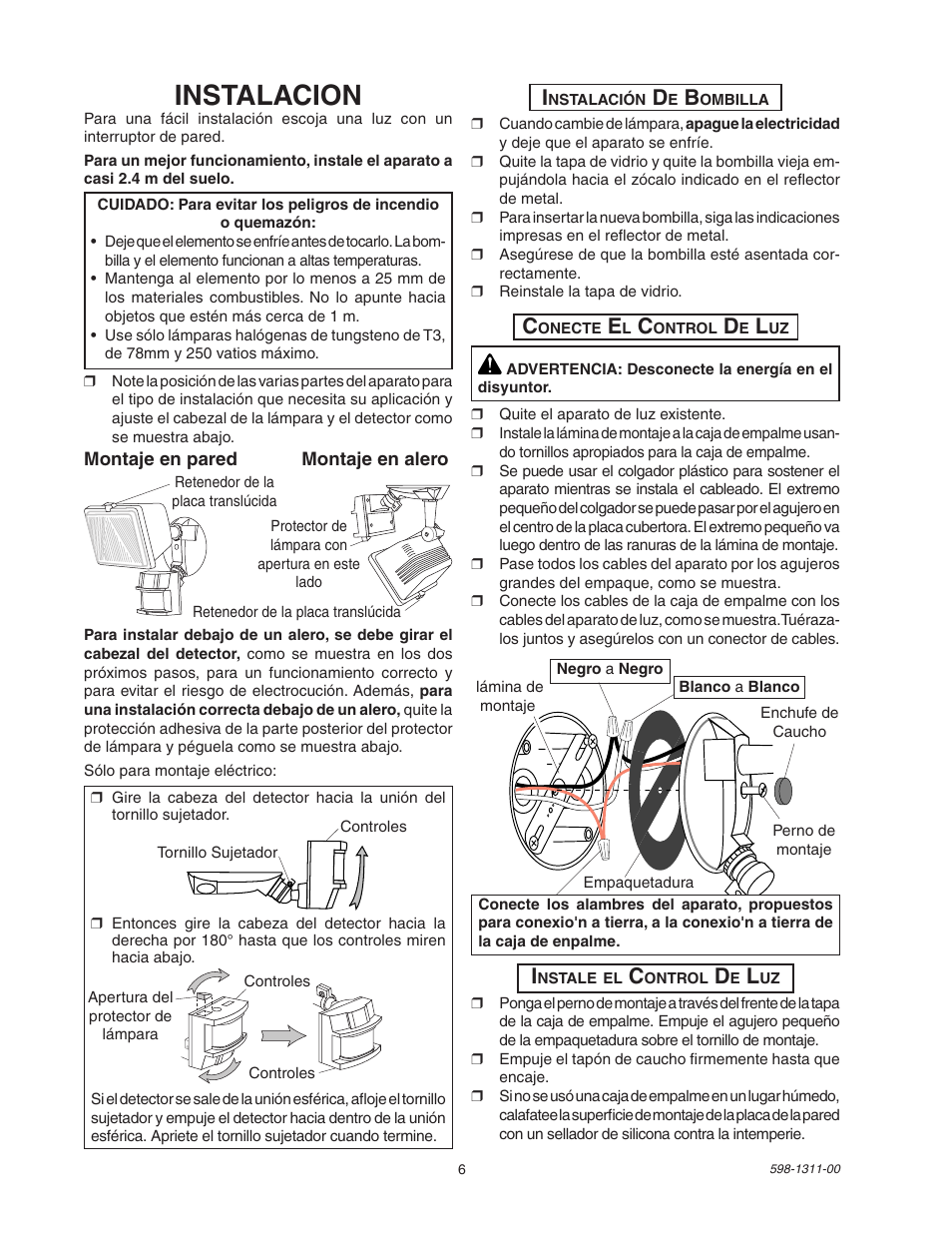 Instalacion | Desa Motion Sensing Halogen Fixture 5525 User Manual | Page 6 / 8