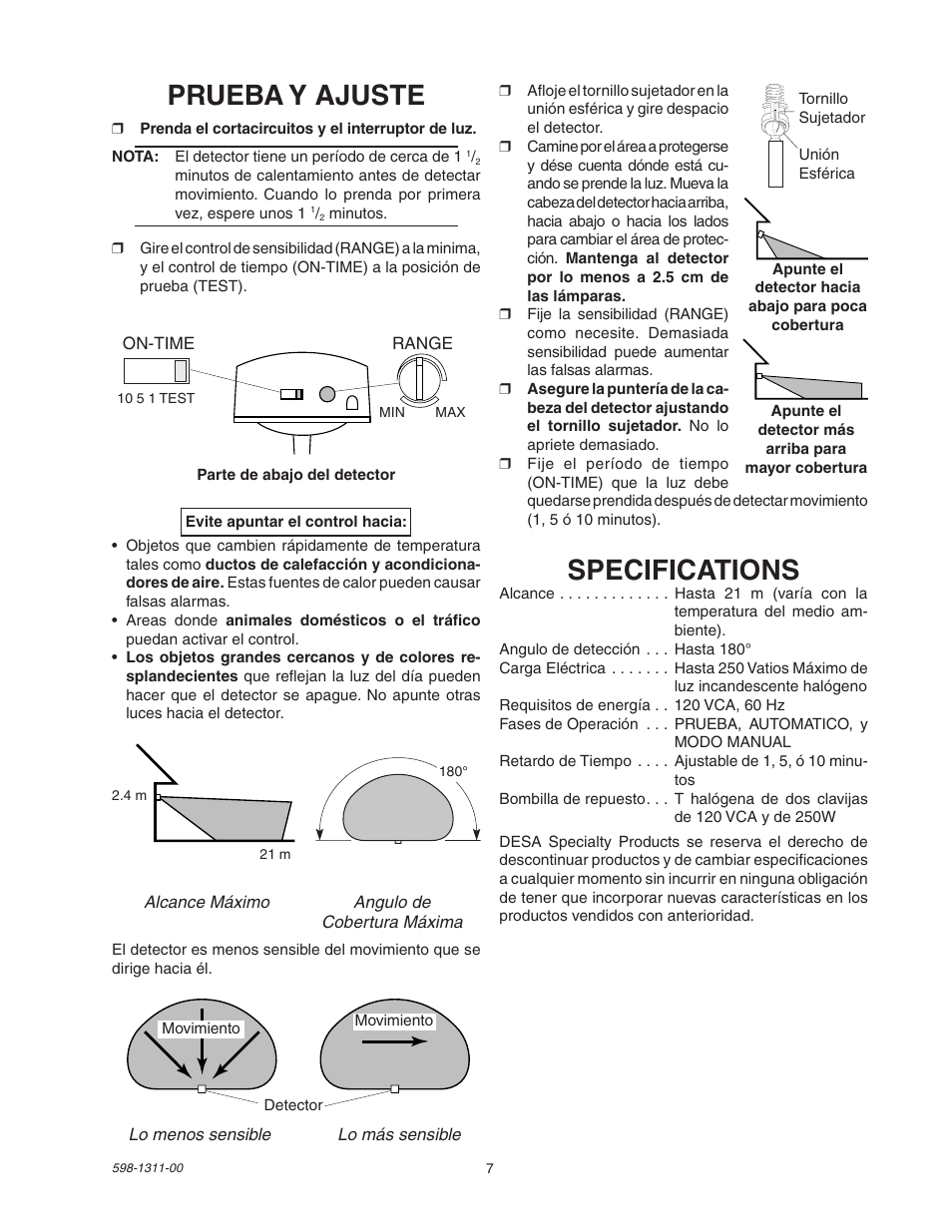 Specifications, Prueba y ajuste | Desa Motion Sensing Halogen Fixture 5525 User Manual | Page 7 / 8