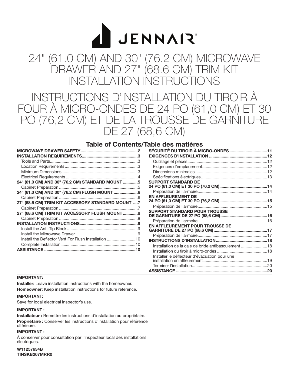 JennAir Rise 24 Inch Under Counter Microwave Drawer Installation Instructions User Manual | 20 pages