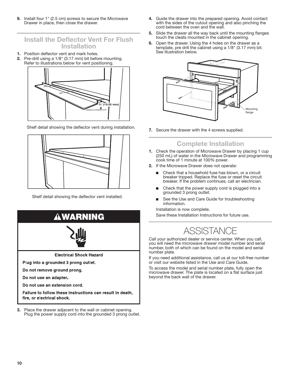 Assistance, Install the deflector vent for flush installation, Complete installation | JennAir Rise 24 Inch Under Counter Microwave Drawer Installation Instructions User Manual | Page 10 / 20