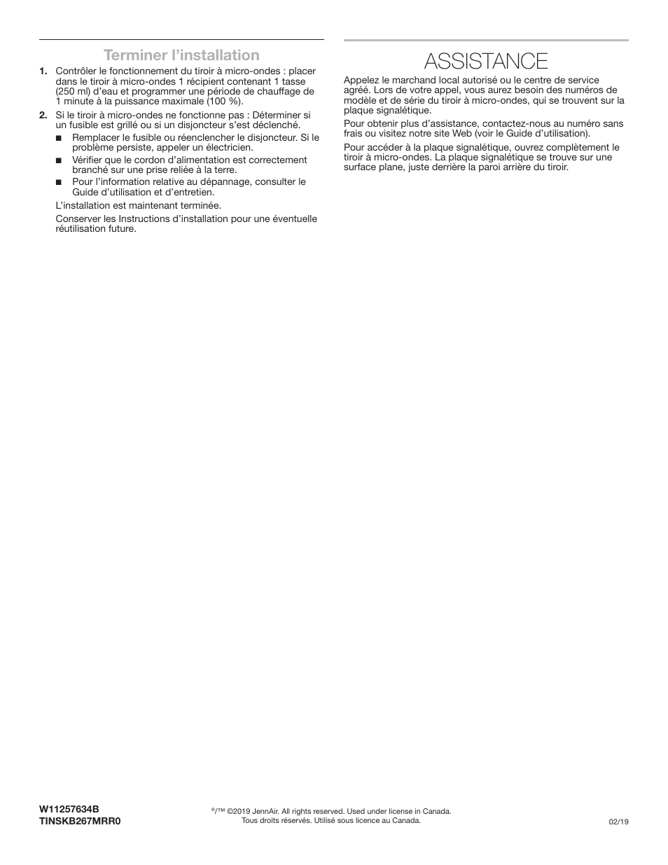 Assistance, Terminer l’installation | JennAir Rise 24 Inch Under Counter Microwave Drawer Installation Instructions User Manual | Page 20 / 20