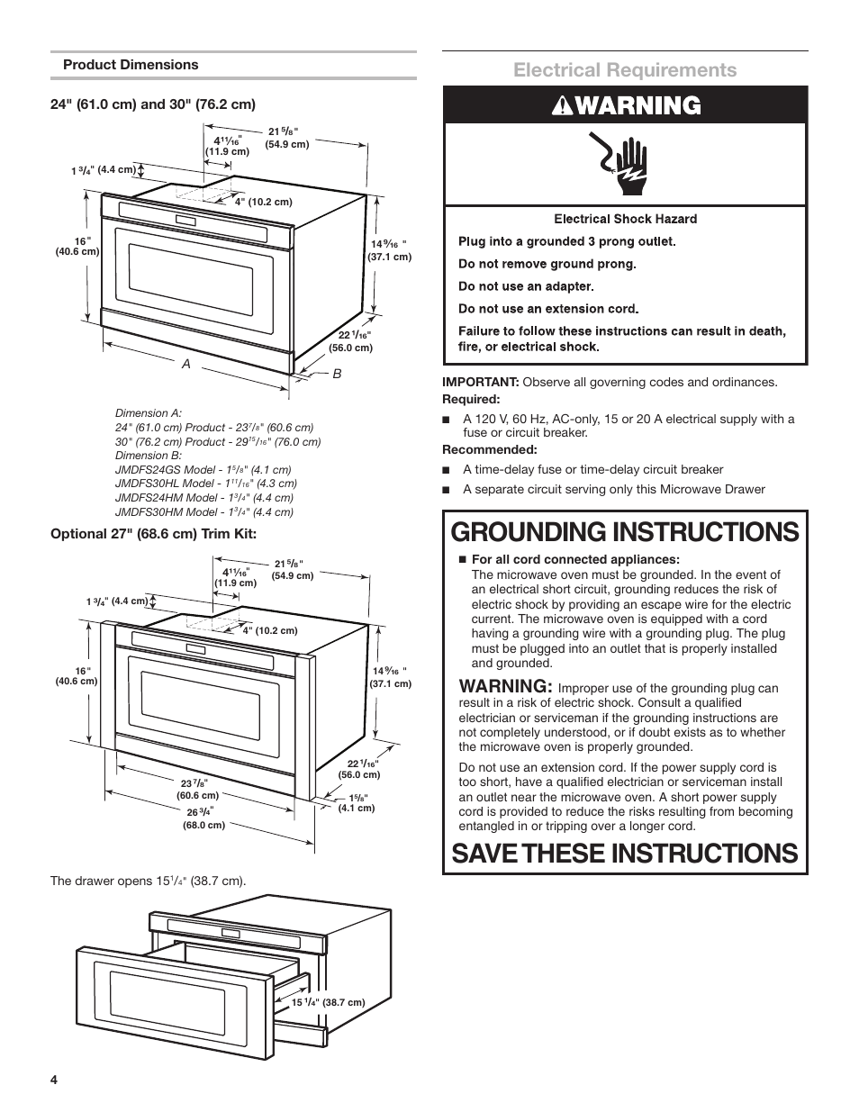 Grounding instructions save these instructions, Electrical requirements, Warning | JennAir Rise 24 Inch Under Counter Microwave Drawer Installation Instructions User Manual | Page 4 / 20