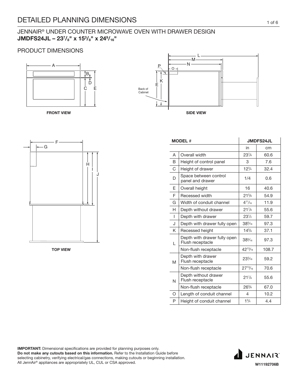 JennAir Rise 24 Inch Under Counter Microwave Drawer Dimension Guide User Manual | 6 pages