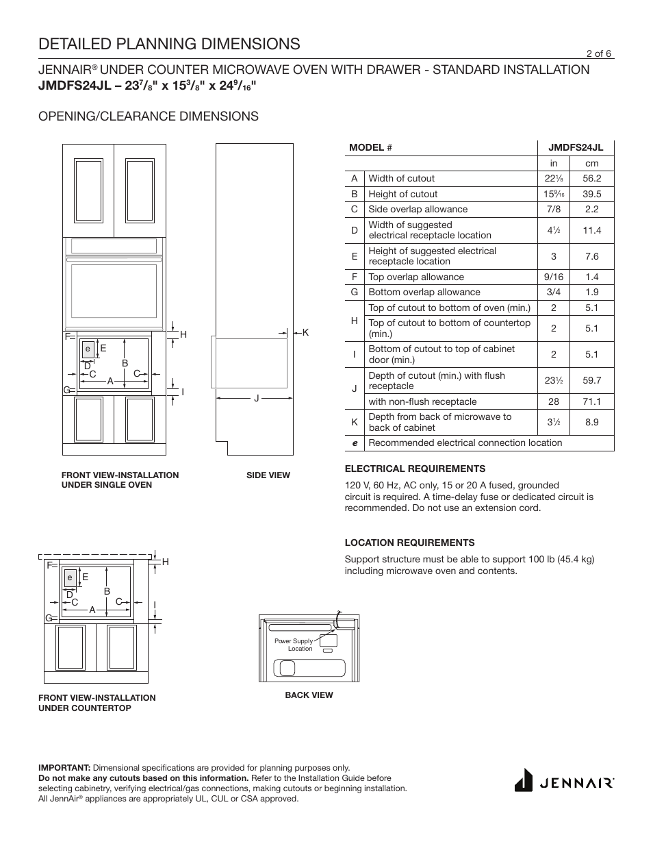 Detailed planning dimensions, Jennair, X 15 | X 24, Opening/clearance dimensions | JennAir Rise 24 Inch Under Counter Microwave Drawer Dimension Guide User Manual | Page 2 / 6