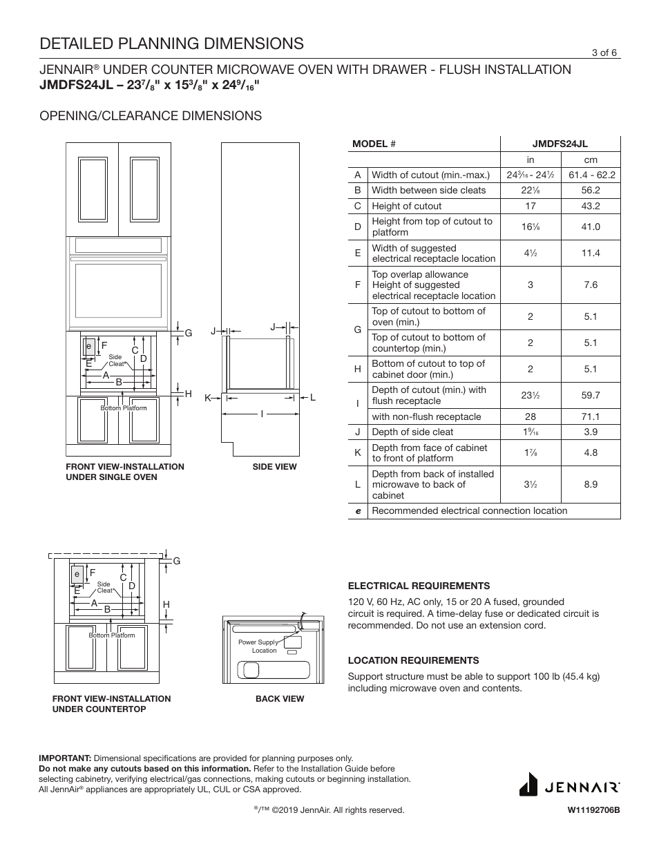 Detailed planning dimensions, Jennair, X 15 | X 24, Opening/clearance dimensions | JennAir Rise 24 Inch Under Counter Microwave Drawer Dimension Guide User Manual | Page 3 / 6