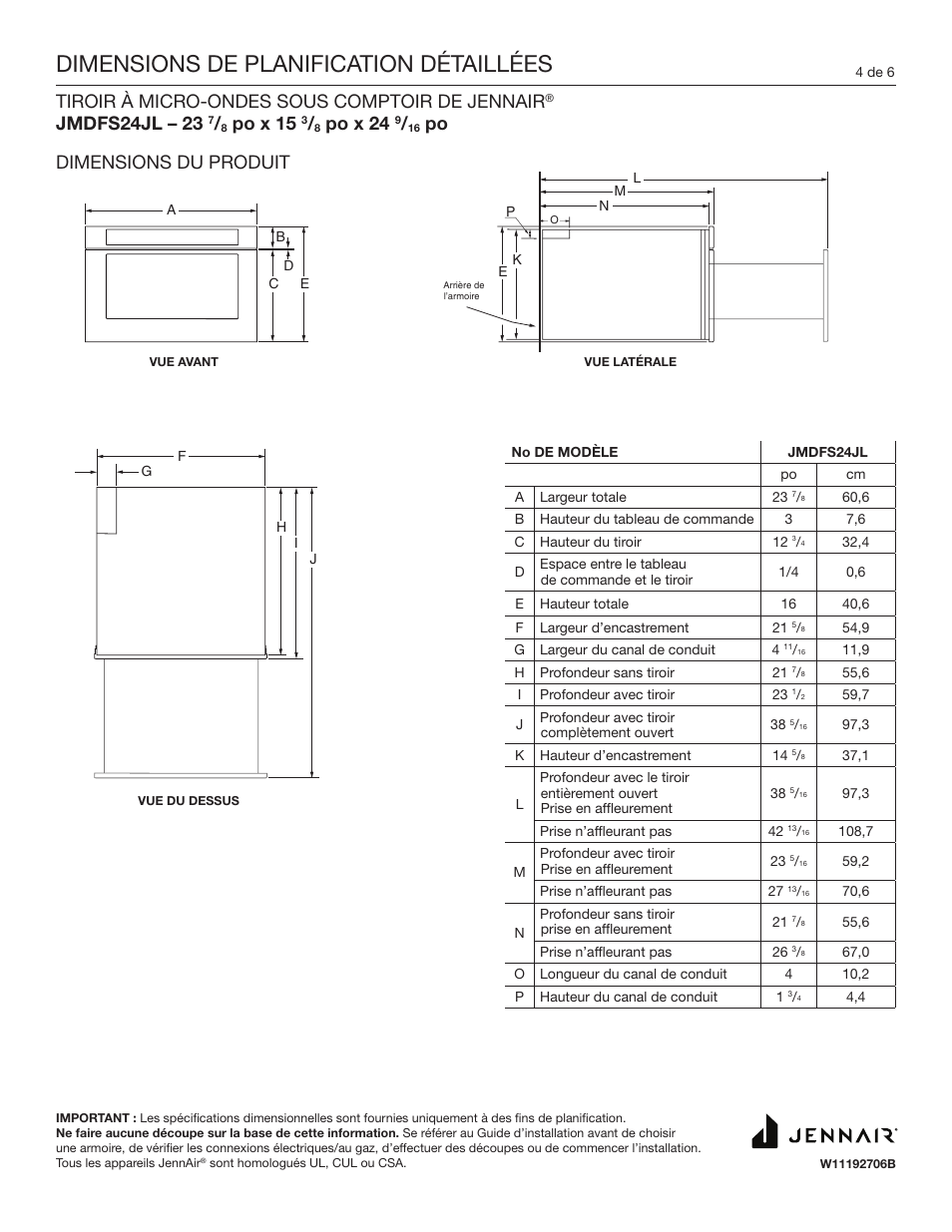 Dimensions de planification détaillées, Tiroir à micro-ondes sous comptoir de jennair, Jmdfs24jl – 23 | Po x 15, Po x 24, Po dimensions du produit | JennAir Rise 24 Inch Under Counter Microwave Drawer Dimension Guide User Manual | Page 4 / 6