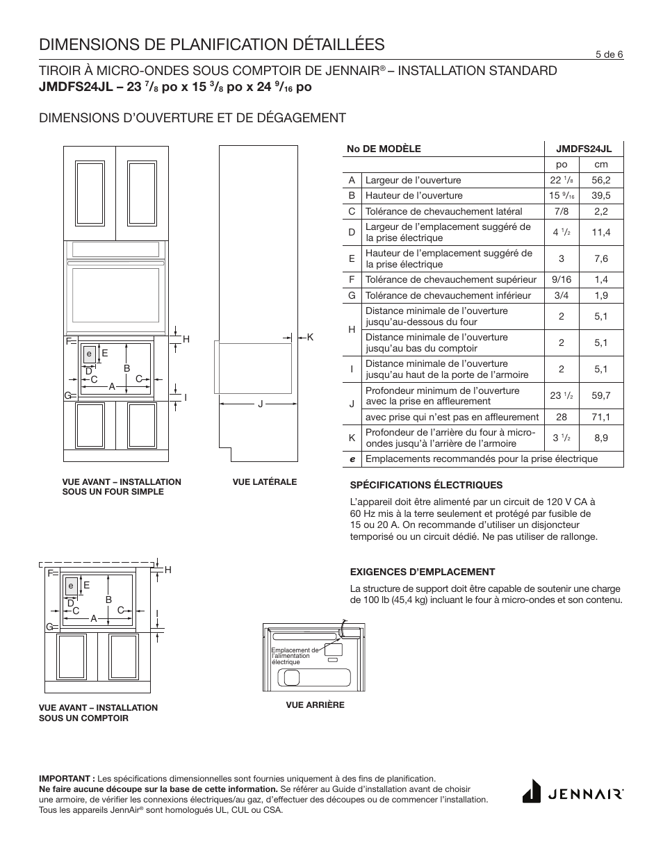 Dimensions de planification détaillées, Tiroir à micro-ondes sous comptoir de jennair, Installation standard jmdfs24jl – 23 | Po x 15, Po x 24, Po dimensions d’ouverture et de dégagement | JennAir Rise 24 Inch Under Counter Microwave Drawer Dimension Guide User Manual | Page 5 / 6