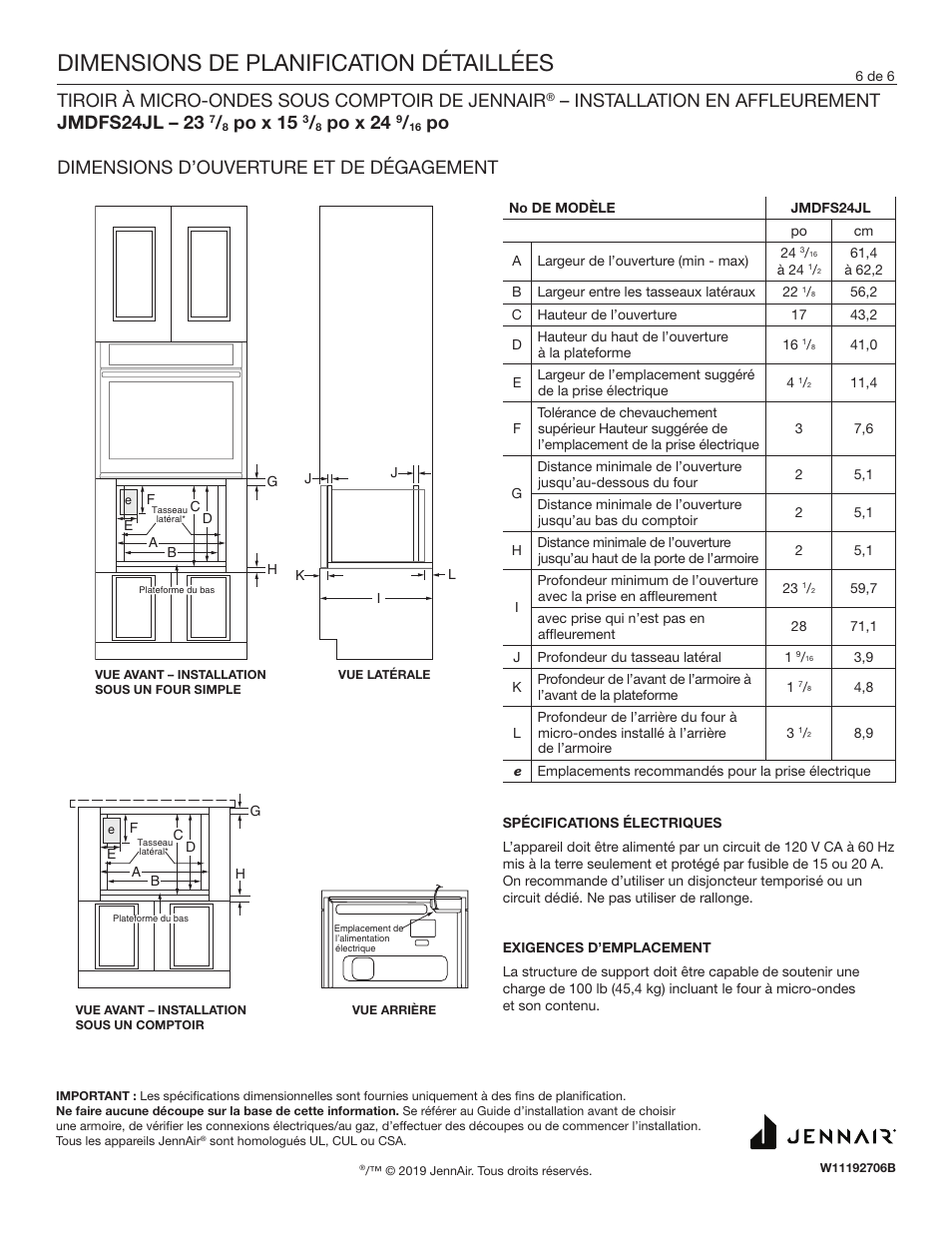 Dimensions de planification détaillées, Tiroir à micro-ondes sous comptoir de jennair, Installation en affleurement jmdfs24jl – 23 | Po x 15, Po x 24, Po dimensions d’ouverture et de dégagement | JennAir Rise 24 Inch Under Counter Microwave Drawer Dimension Guide User Manual | Page 6 / 6