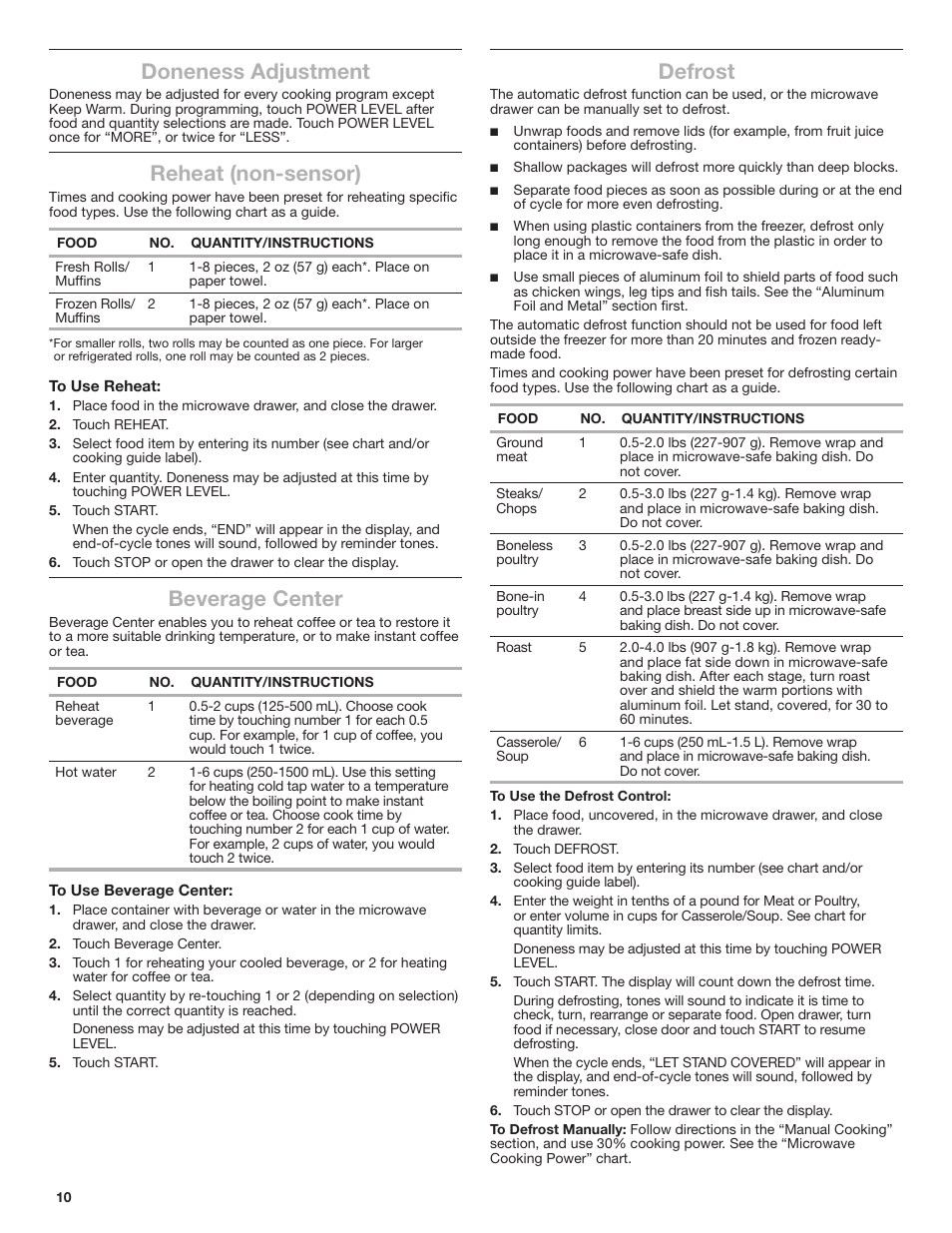 Doneness adjustment, Reheat (non-sensor), Beverage center | Defrost | JennAir Rise 24 Inch Under Counter Microwave Drawer Owner's Manual User Manual | Page 10 / 36