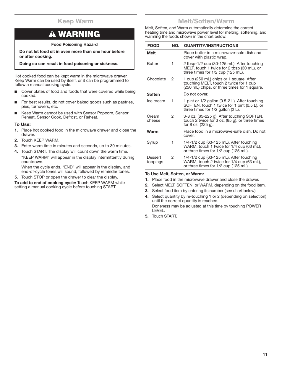 Warning, Keep warm, Melt/soften/warm | JennAir Rise 24 Inch Under Counter Microwave Drawer Owner's Manual User Manual | Page 11 / 36