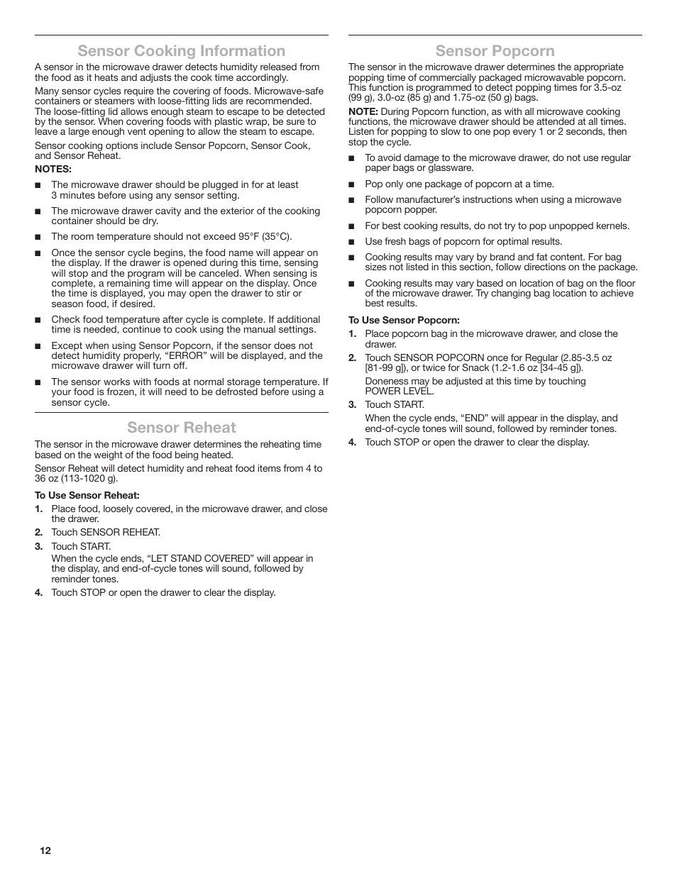 Sensor cooking information, Sensor reheat, Sensor popcorn | JennAir Rise 24 Inch Under Counter Microwave Drawer Owner's Manual User Manual | Page 12 / 36