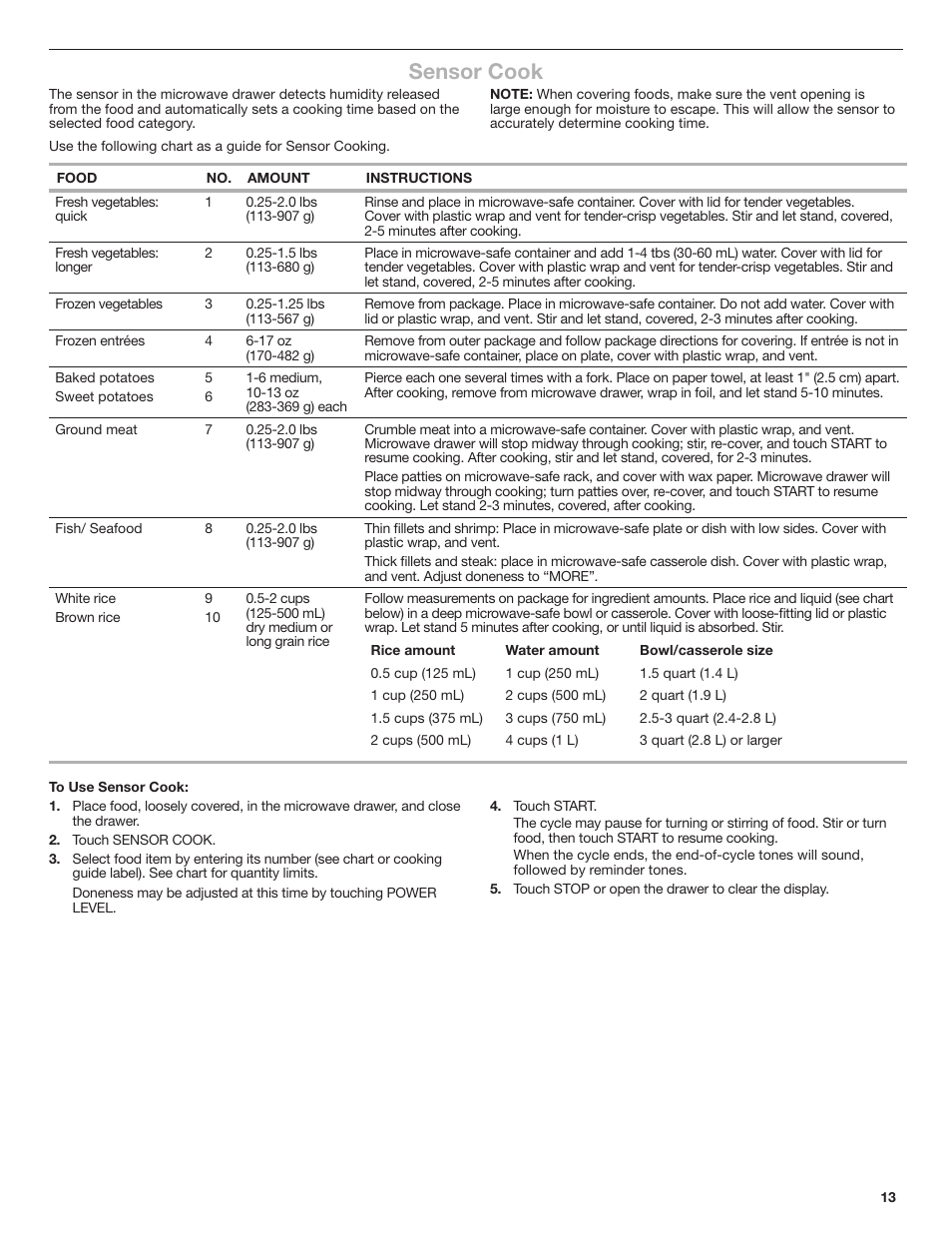 Sensor cook | JennAir Rise 24 Inch Under Counter Microwave Drawer Owner's Manual User Manual | Page 13 / 36