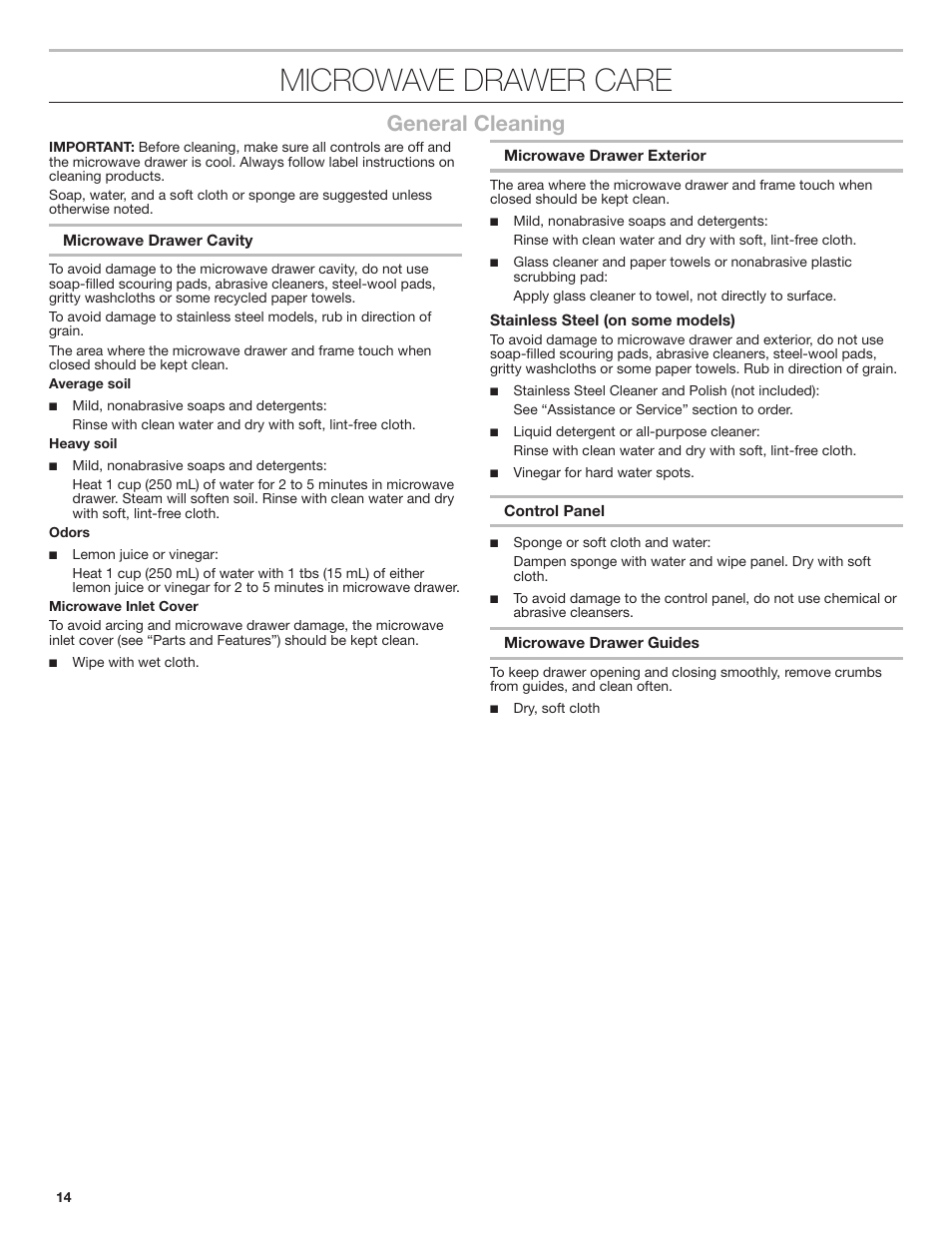 Microwave drawer care, General cleaning | JennAir Rise 24 Inch Under Counter Microwave Drawer Owner's Manual User Manual | Page 14 / 36