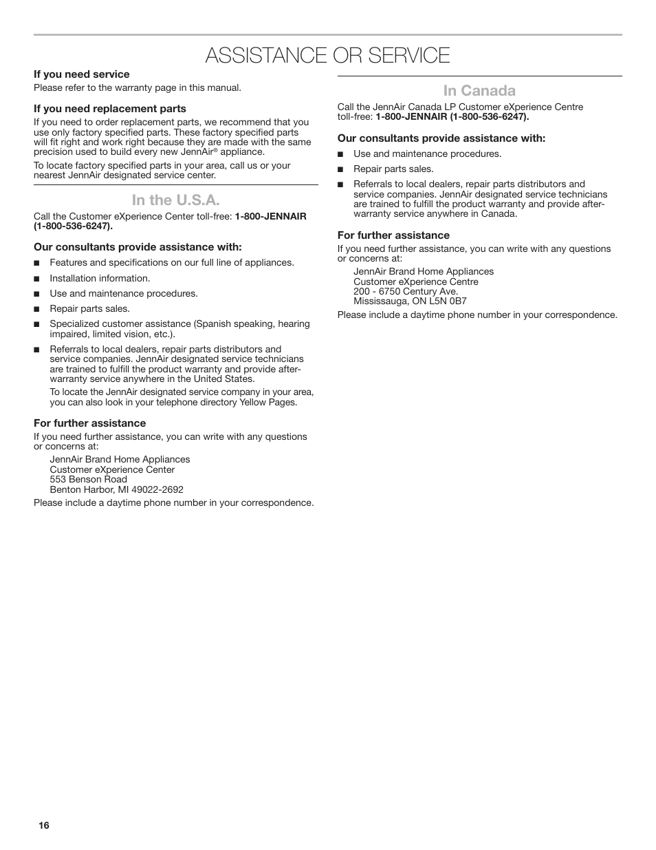 Assistance or service | JennAir Rise 24 Inch Under Counter Microwave Drawer Owner's Manual User Manual | Page 16 / 36