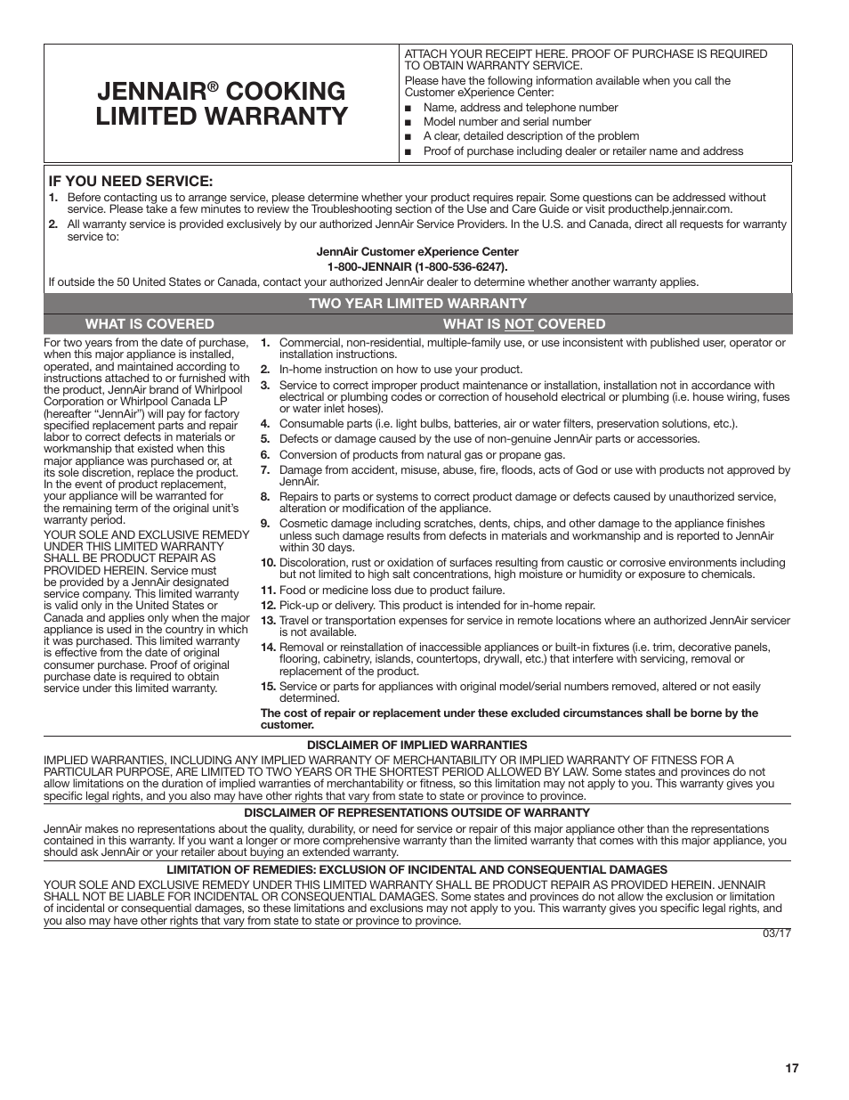 Jennair, Cooking limited warranty | JennAir Rise 24 Inch Under Counter Microwave Drawer Owner's Manual User Manual | Page 17 / 36