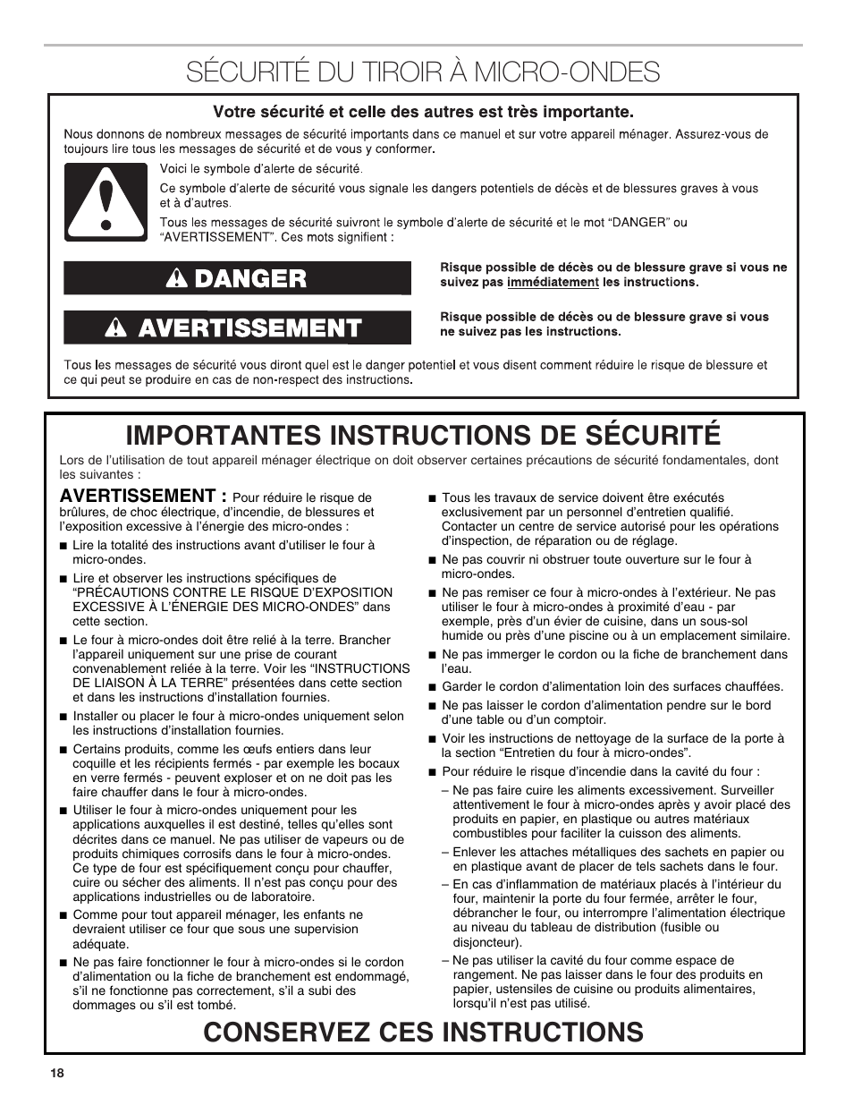 Sécurité du tiroir à micro-ondes, Avertissement | JennAir Rise 24 Inch Under Counter Microwave Drawer Owner's Manual User Manual | Page 18 / 36