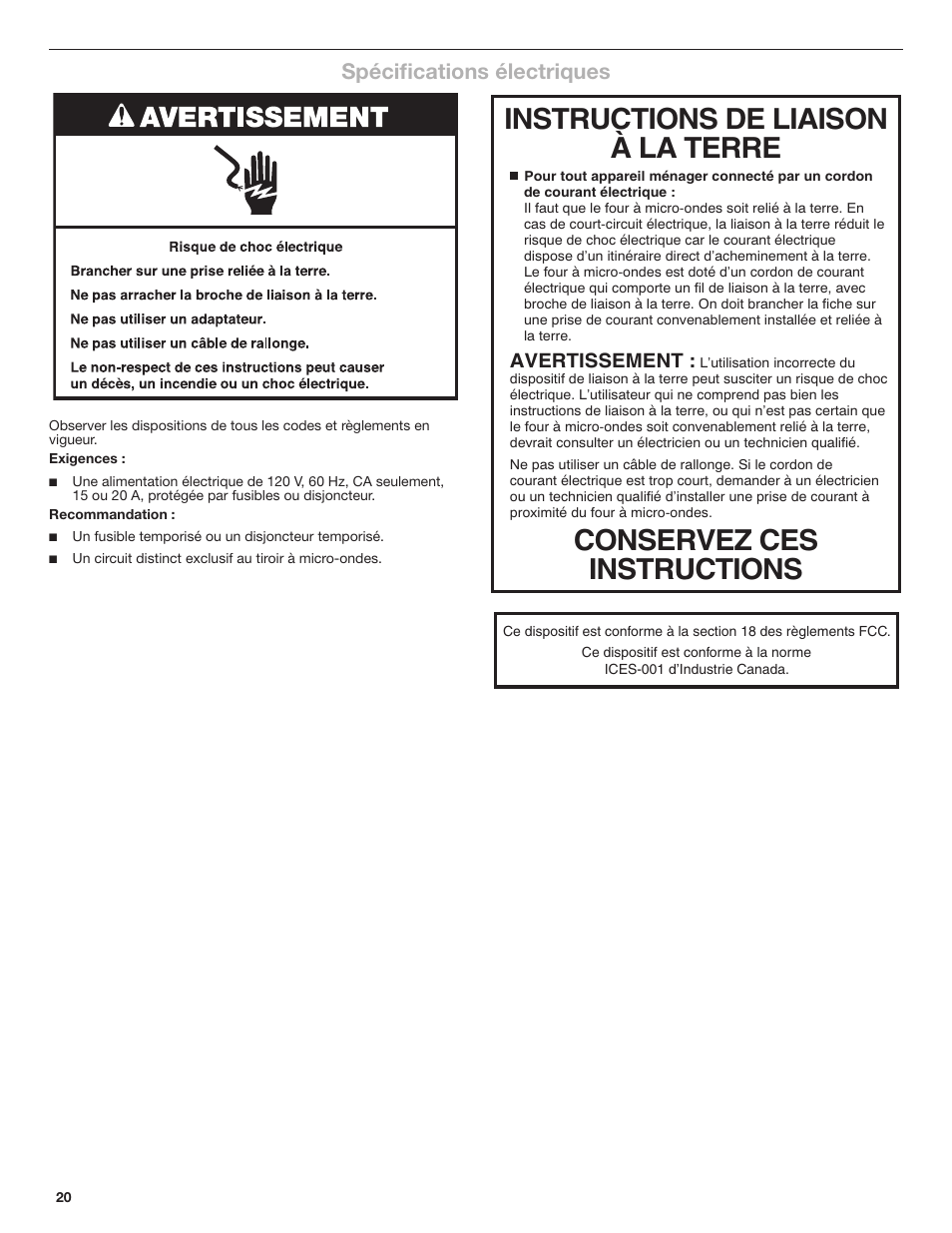 Spécifications électriques, Avertissement | JennAir Rise 24 Inch Under Counter Microwave Drawer Owner's Manual User Manual | Page 20 / 36