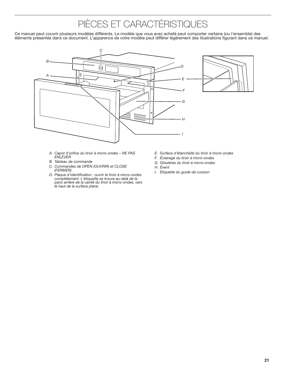 Pièces et caractéristiques | JennAir Rise 24 Inch Under Counter Microwave Drawer Owner's Manual User Manual | Page 21 / 36