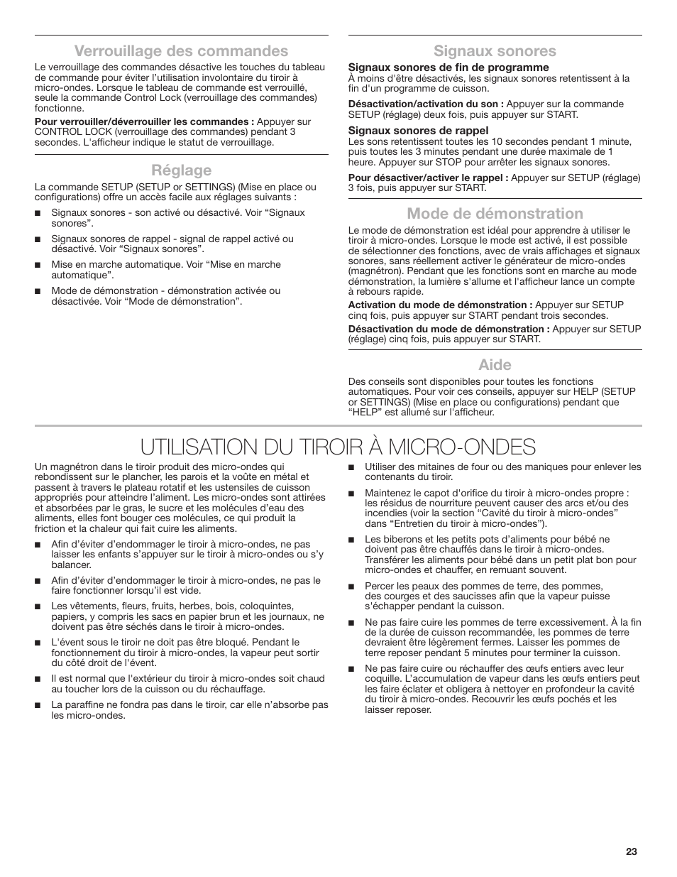 Utilisation du tiroir à micro-ondes, Verrouillage des commandes, Réglage | Signaux sonores, Mode de démonstration, Aide | JennAir Rise 24 Inch Under Counter Microwave Drawer Owner's Manual User Manual | Page 23 / 36