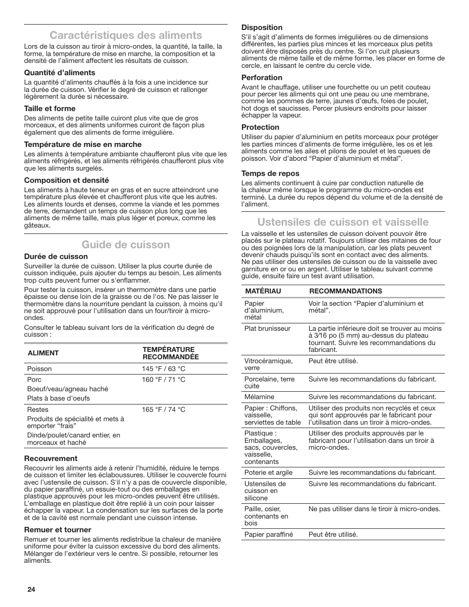 Caractéristiques des aliments, Guide de cuisson, Ustensiles de cuisson et vaisselle | JennAir Rise 24 Inch Under Counter Microwave Drawer Owner's Manual User Manual | Page 24 / 36