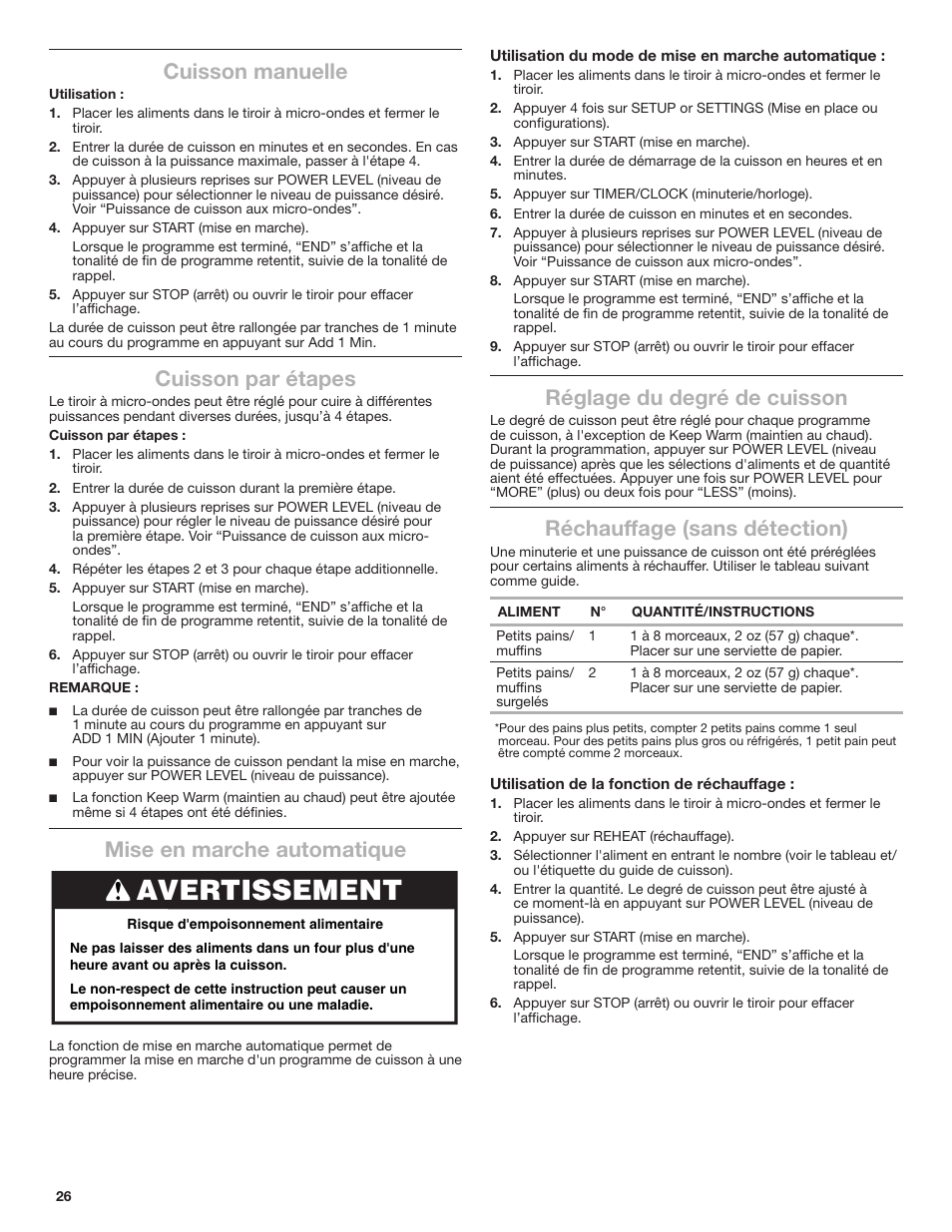 Avertissement, Cuisson manuelle, Cuisson par étapes | Mise en marche automatique, Réglage du degré de cuisson, Réchauffage (sans détection) | JennAir Rise 24 Inch Under Counter Microwave Drawer Owner's Manual User Manual | Page 26 / 36