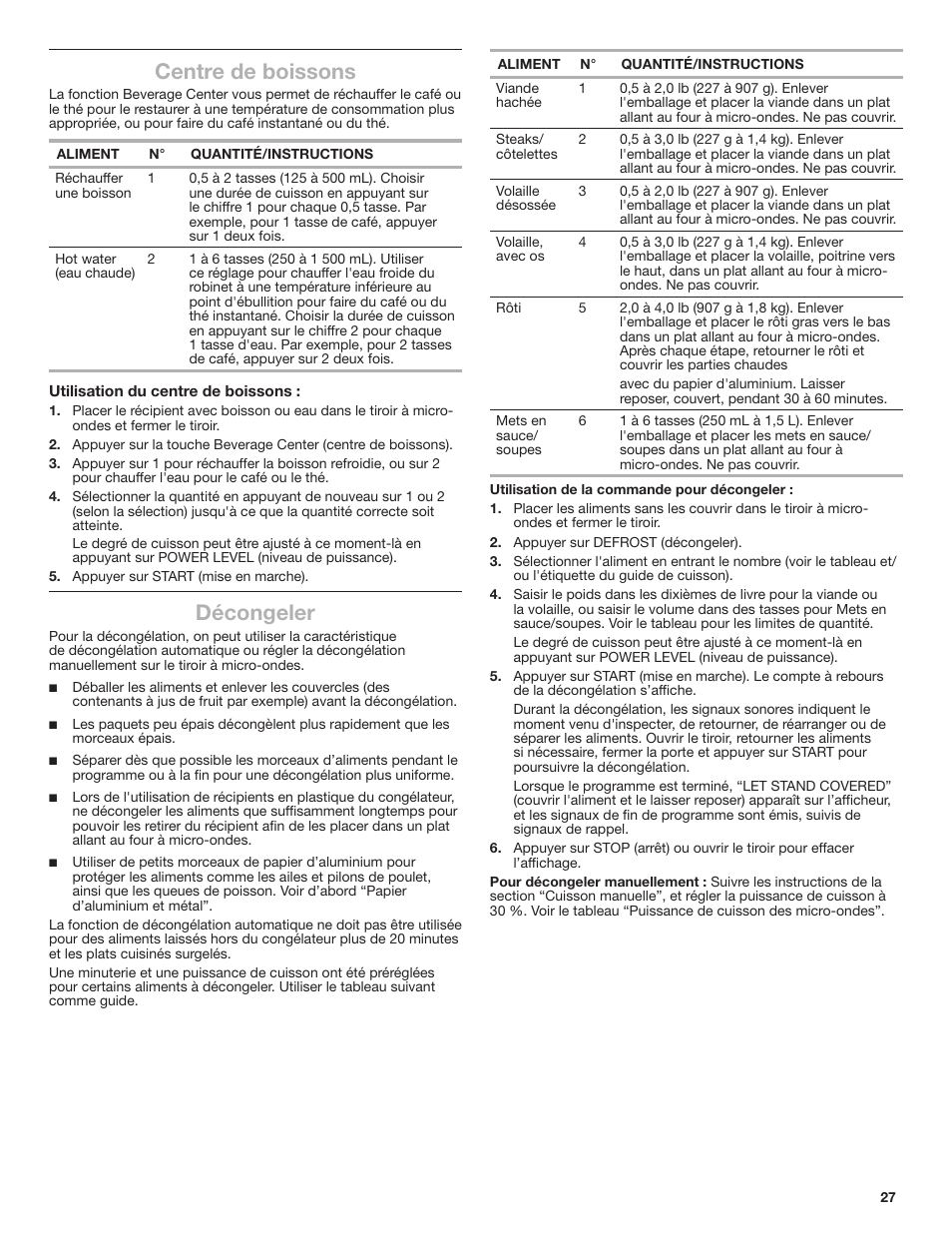 Centre de boissons, Décongeler | JennAir Rise 24 Inch Under Counter Microwave Drawer Owner's Manual User Manual | Page 27 / 36