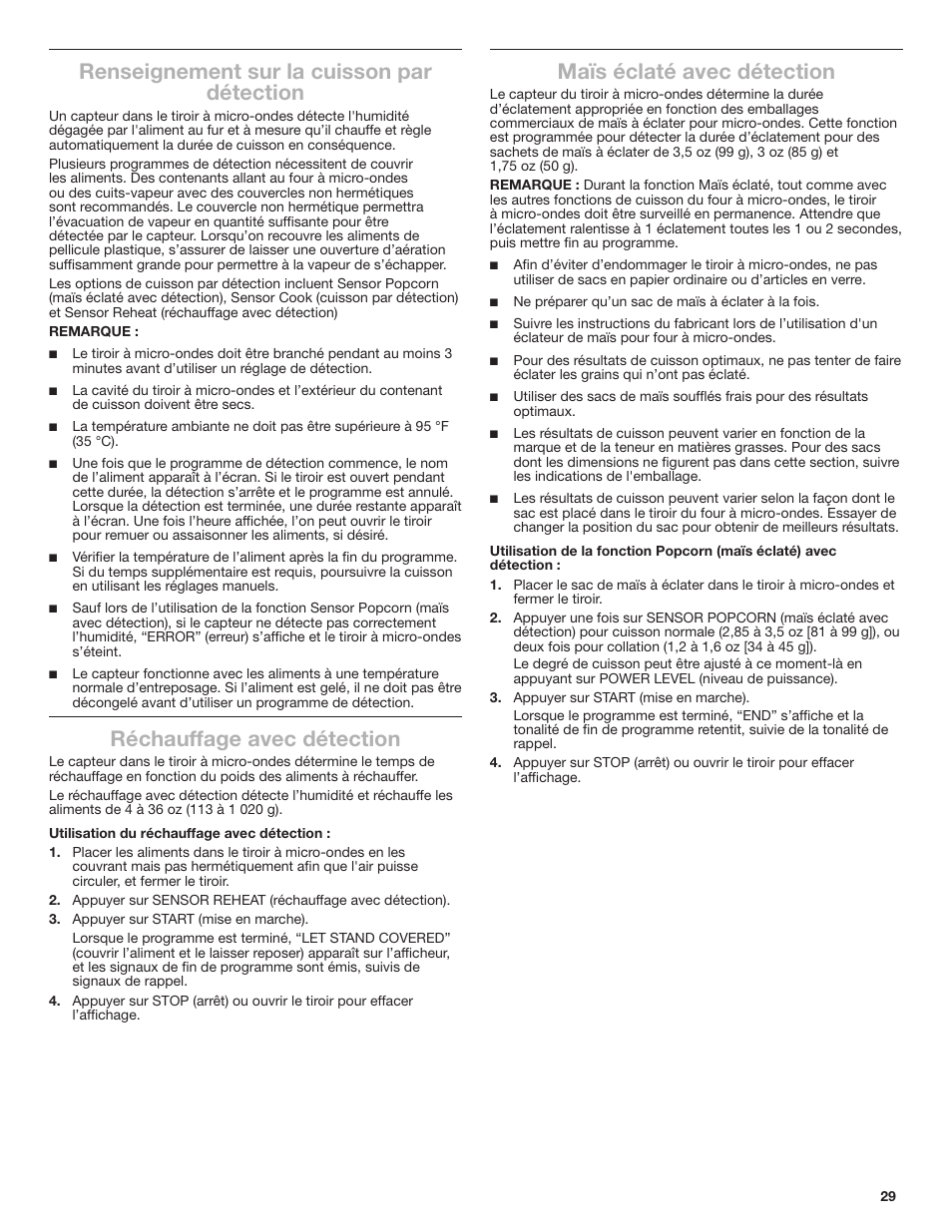 Renseignement sur la cuisson par détection, Réchauffage avec détection, Maïs éclaté avec détection | JennAir Rise 24 Inch Under Counter Microwave Drawer Owner's Manual User Manual | Page 29 / 36
