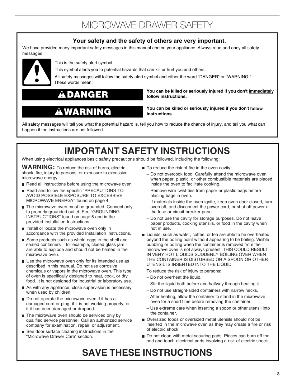 Microwave drawer safety, Built-in microwave oven safety, Danger warning | Warning | JennAir Rise 24 Inch Under Counter Microwave Drawer Owner's Manual User Manual | Page 3 / 36