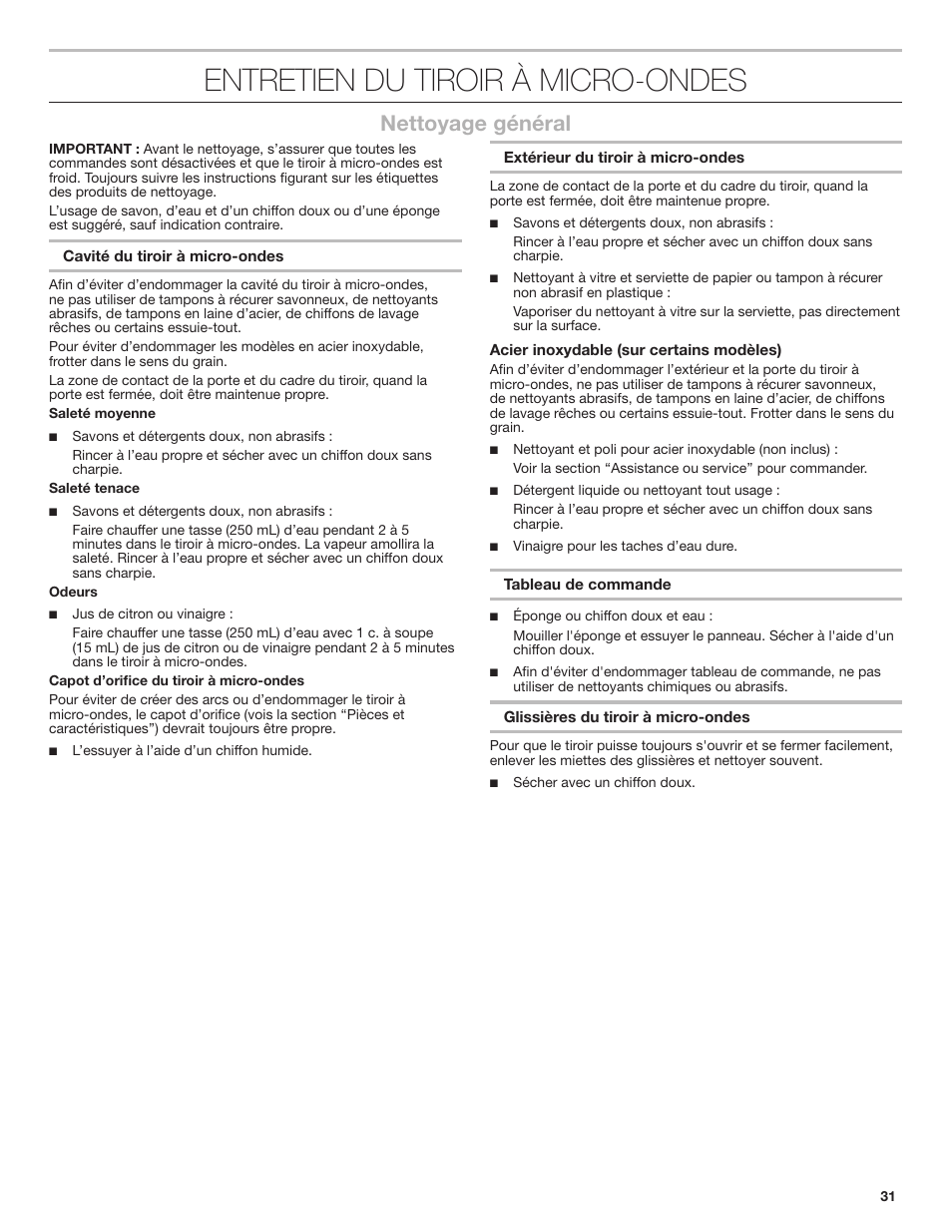 Entretien du tiroir à micro-ondes, Nettoyage général | JennAir Rise 24 Inch Under Counter Microwave Drawer Owner's Manual User Manual | Page 31 / 36