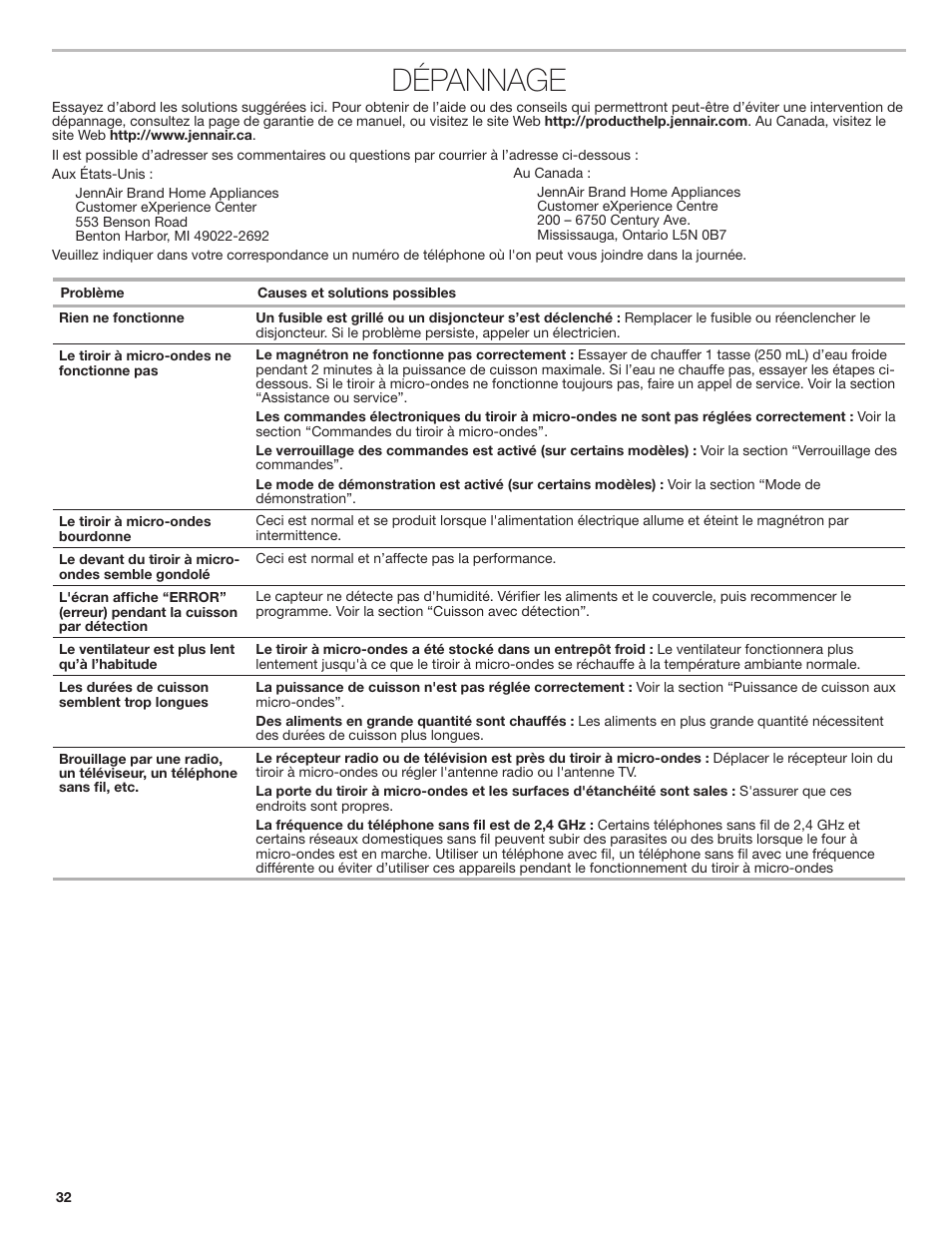 Dépannage | JennAir Rise 24 Inch Under Counter Microwave Drawer Owner's Manual User Manual | Page 32 / 36